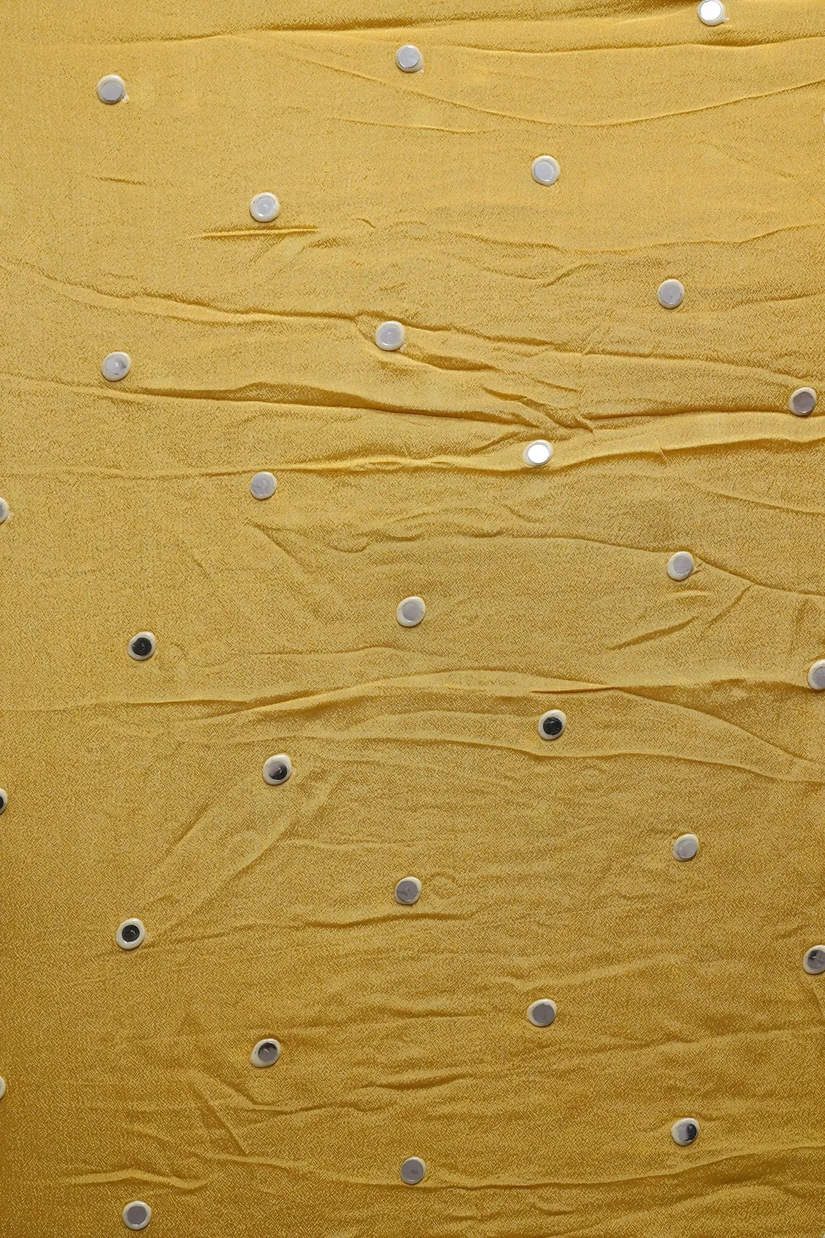 1.25 Meter Cut Piece Of Real Mirror Embroidery Work On Yellow Viscose Chinnon Chiffon Fabric