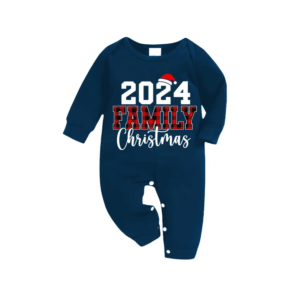 2024 Family Christmas Text Print Blue Long Sleeve Top With Blue Plaid Family Matching Pajamas