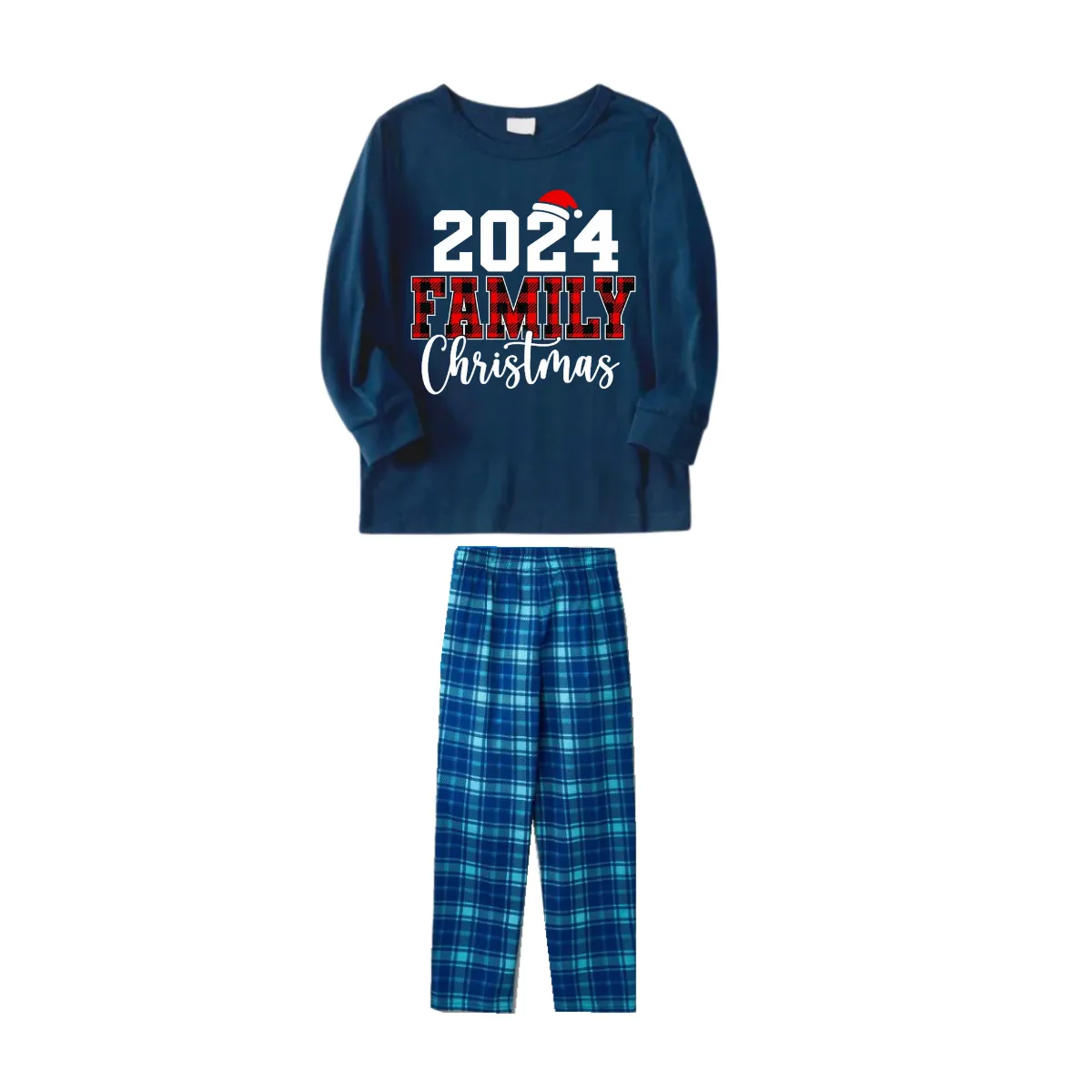 2024 Family Christmas Text Print Blue Long Sleeve Top With Blue Plaid Family Matching Pajamas