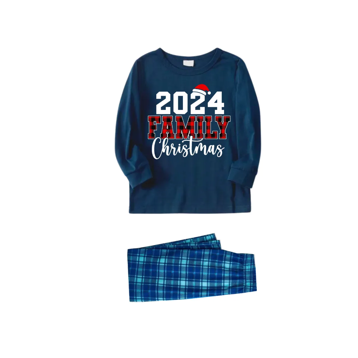 2024 Family Christmas Text Print Blue Long Sleeve Top With Blue Plaid Family Matching Pajamas