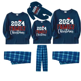 2024 Family Christmas Text Print Blue Long Sleeve Top With Blue Plaid Family Matching Pajamas