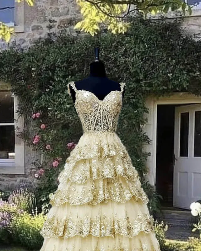 A-Line Princess Light Gold Lace Ball Gown Dress Prom Dresses