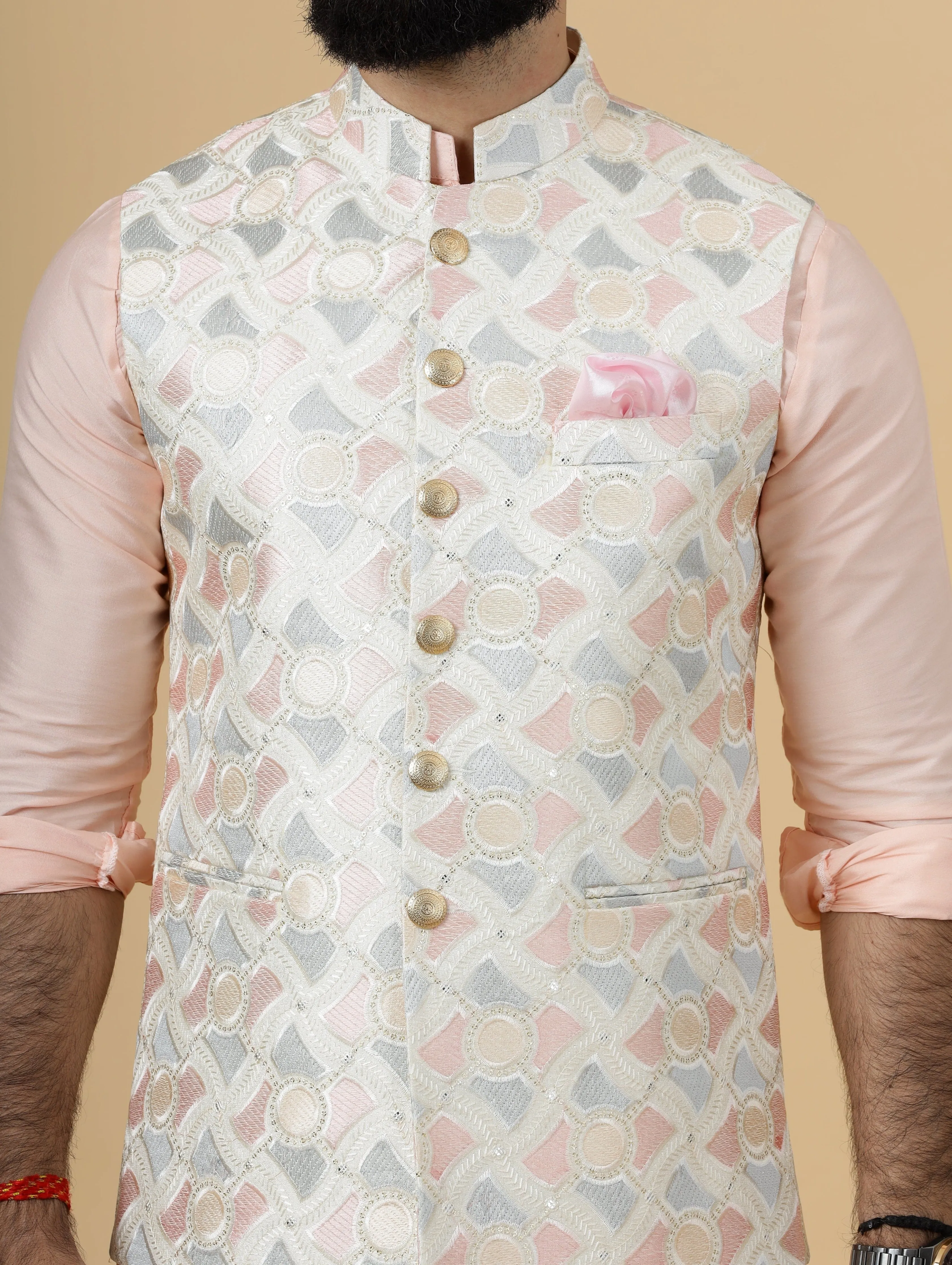 Alluring Beige Abstract Pattern Thread Embroidered Silk Half Jodhpuri Jacket with Peach Kurta-Pajama for Men