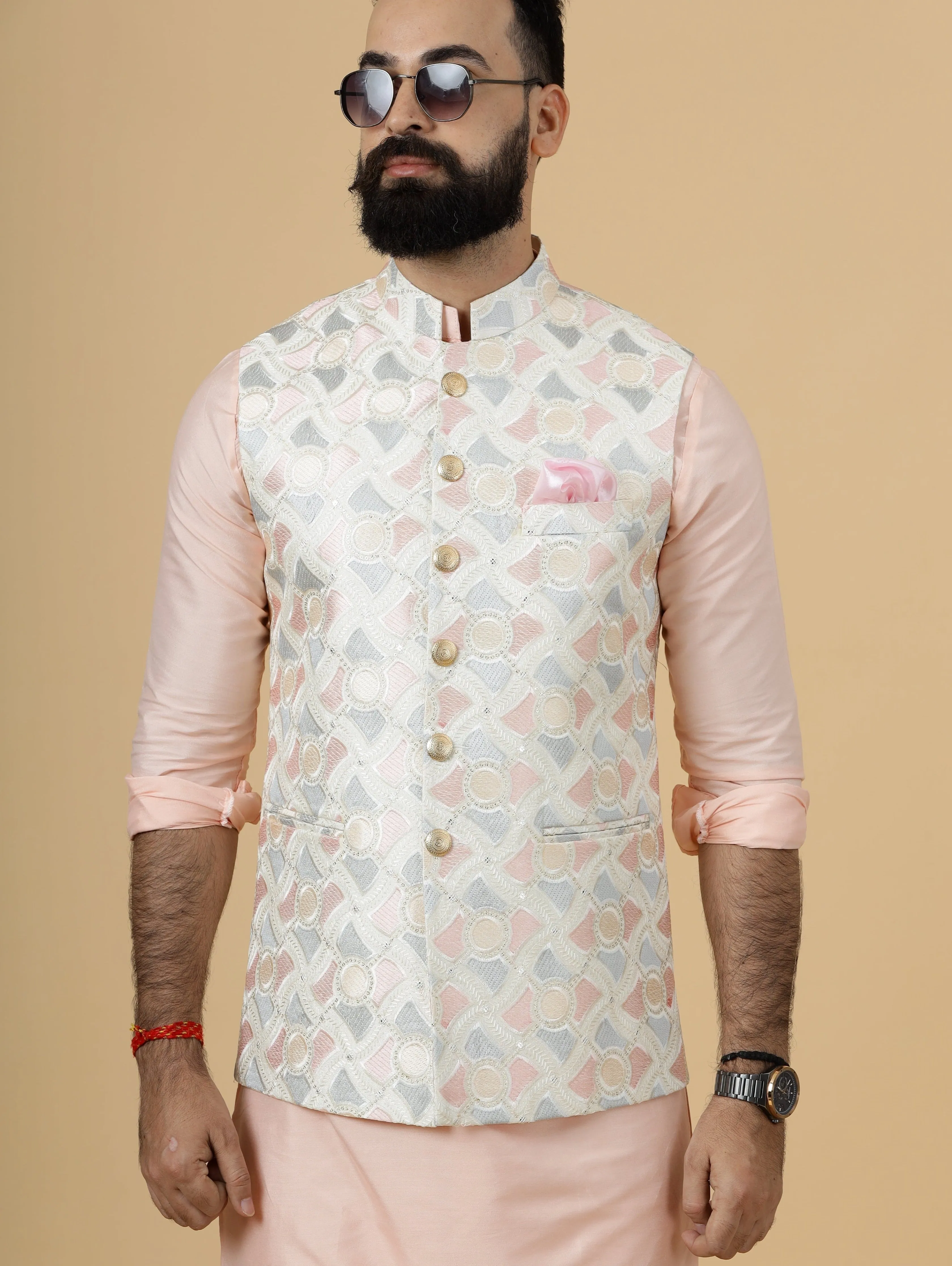 Alluring Beige Abstract Pattern Thread Embroidered Silk Half Jodhpuri Jacket with Peach Kurta-Pajama for Men