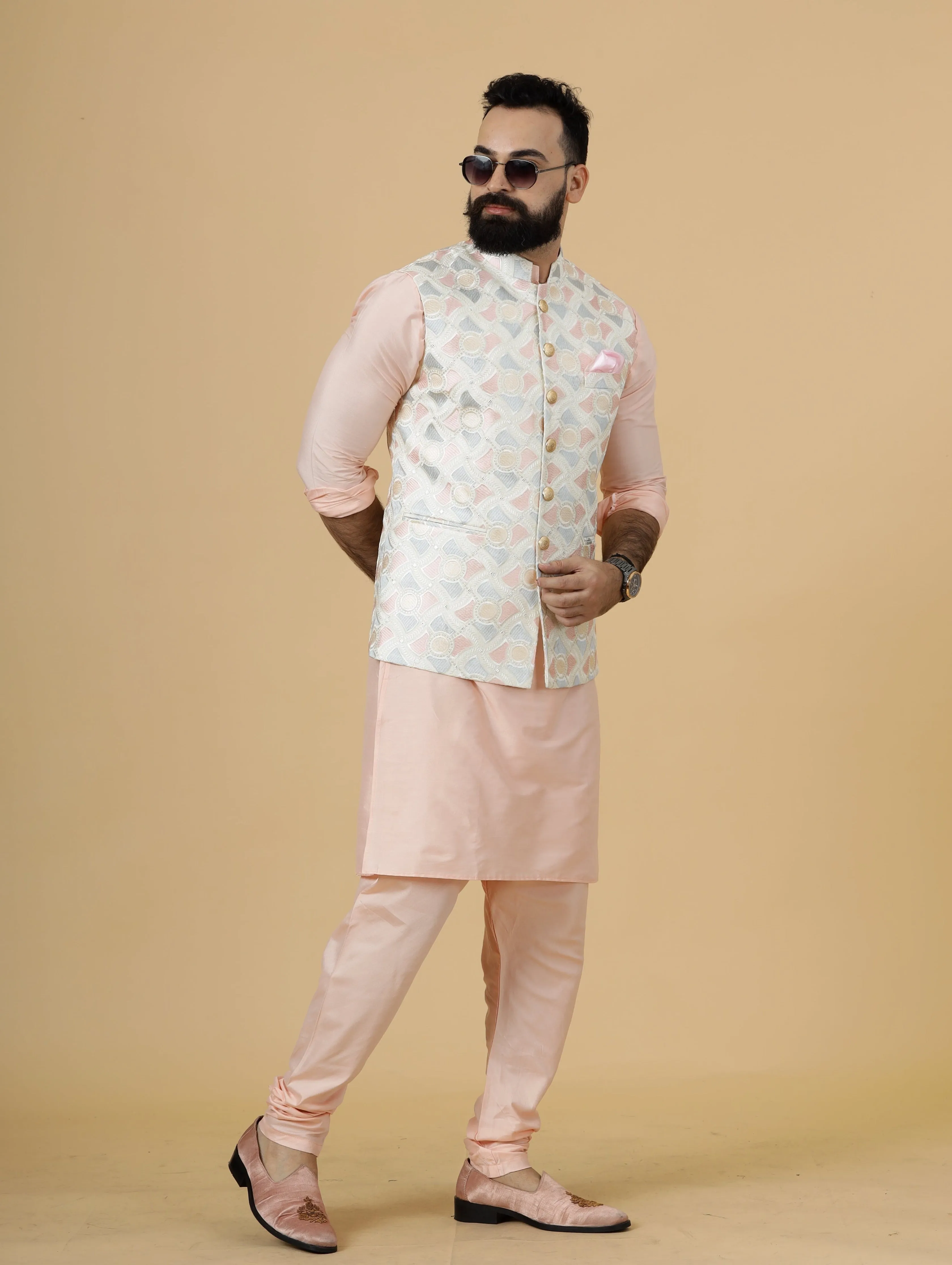 Alluring Beige Abstract Pattern Thread Embroidered Silk Half Jodhpuri Jacket with Peach Kurta-Pajama for Men