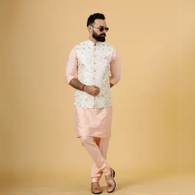 Alluring Beige Abstract Pattern Thread Embroidered Silk Half Jodhpuri Jacket with Peach Kurta-Pajama for Men