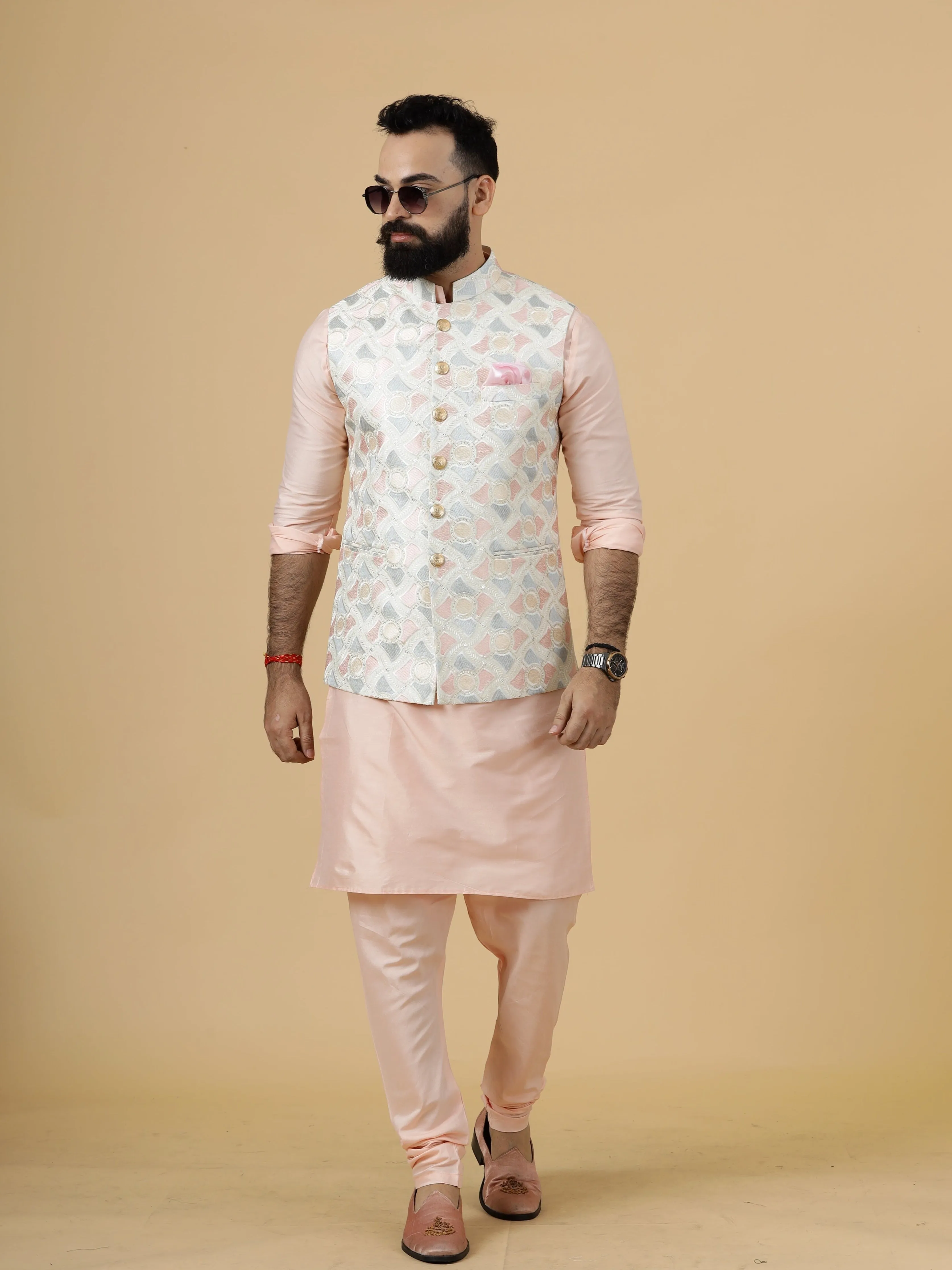 Alluring Beige Abstract Pattern Thread Embroidered Silk Half Jodhpuri Jacket with Peach Kurta-Pajama for Men