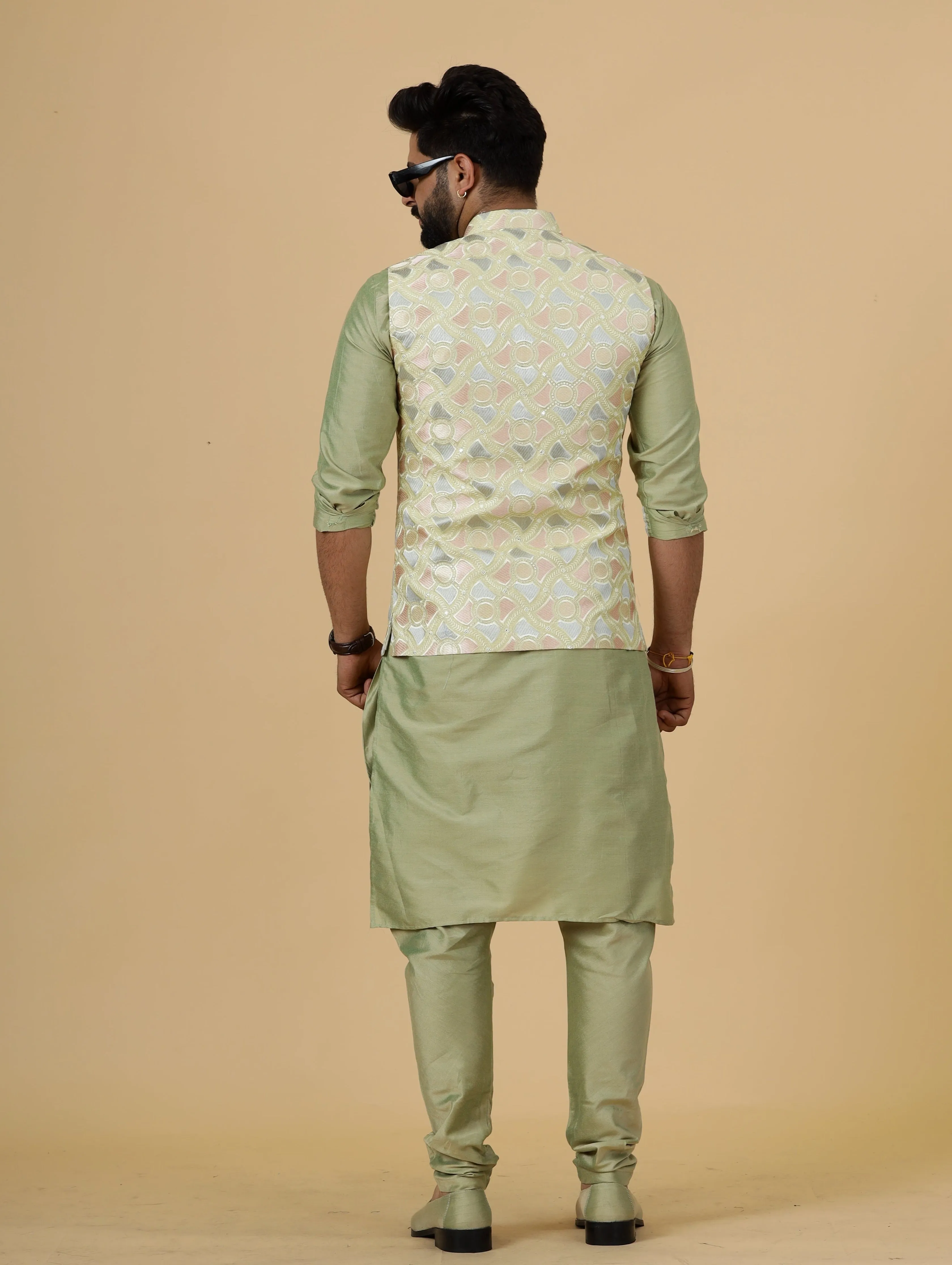 Alluring Lemon-Yellow Thread Embroidered Silk Half Jodhpuri Jacket with Lime Green Kurta-Pajama for Men