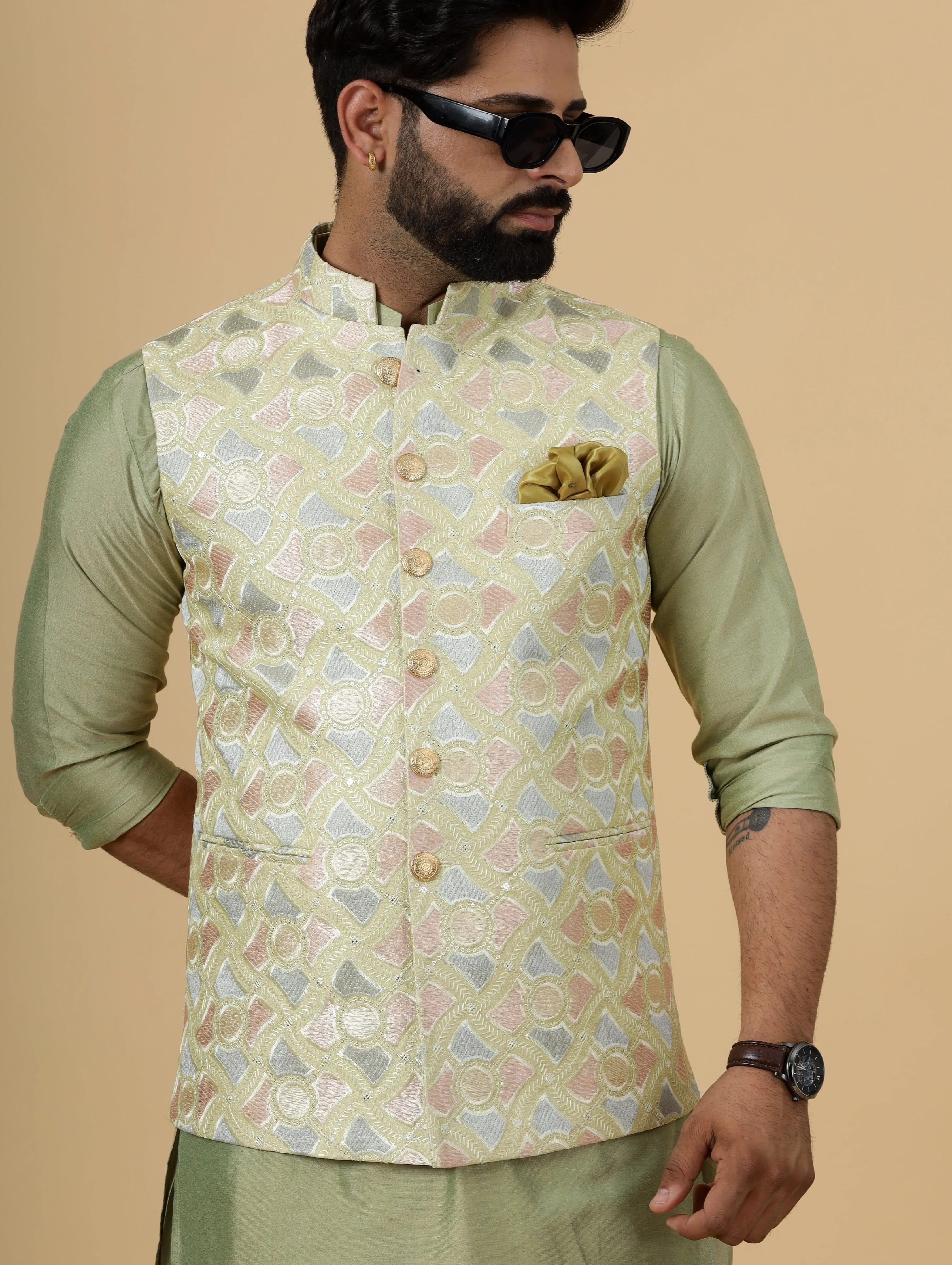 Alluring Lemon-Yellow Thread Embroidered Silk Half Jodhpuri Jacket with Lime Green Kurta-Pajama for Men