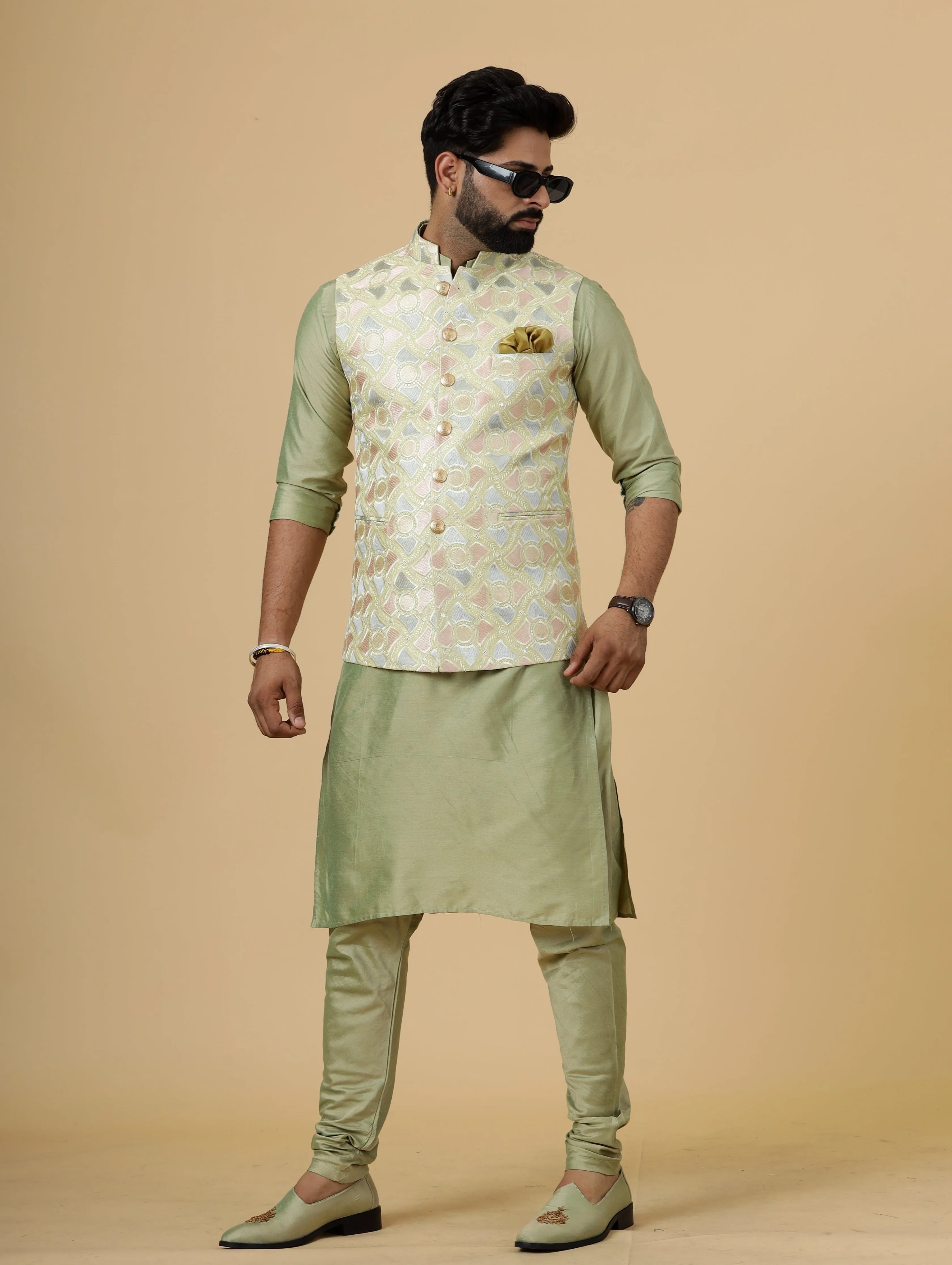 Alluring Lemon-Yellow Thread Embroidered Silk Half Jodhpuri Jacket with Lime Green Kurta-Pajama for Men