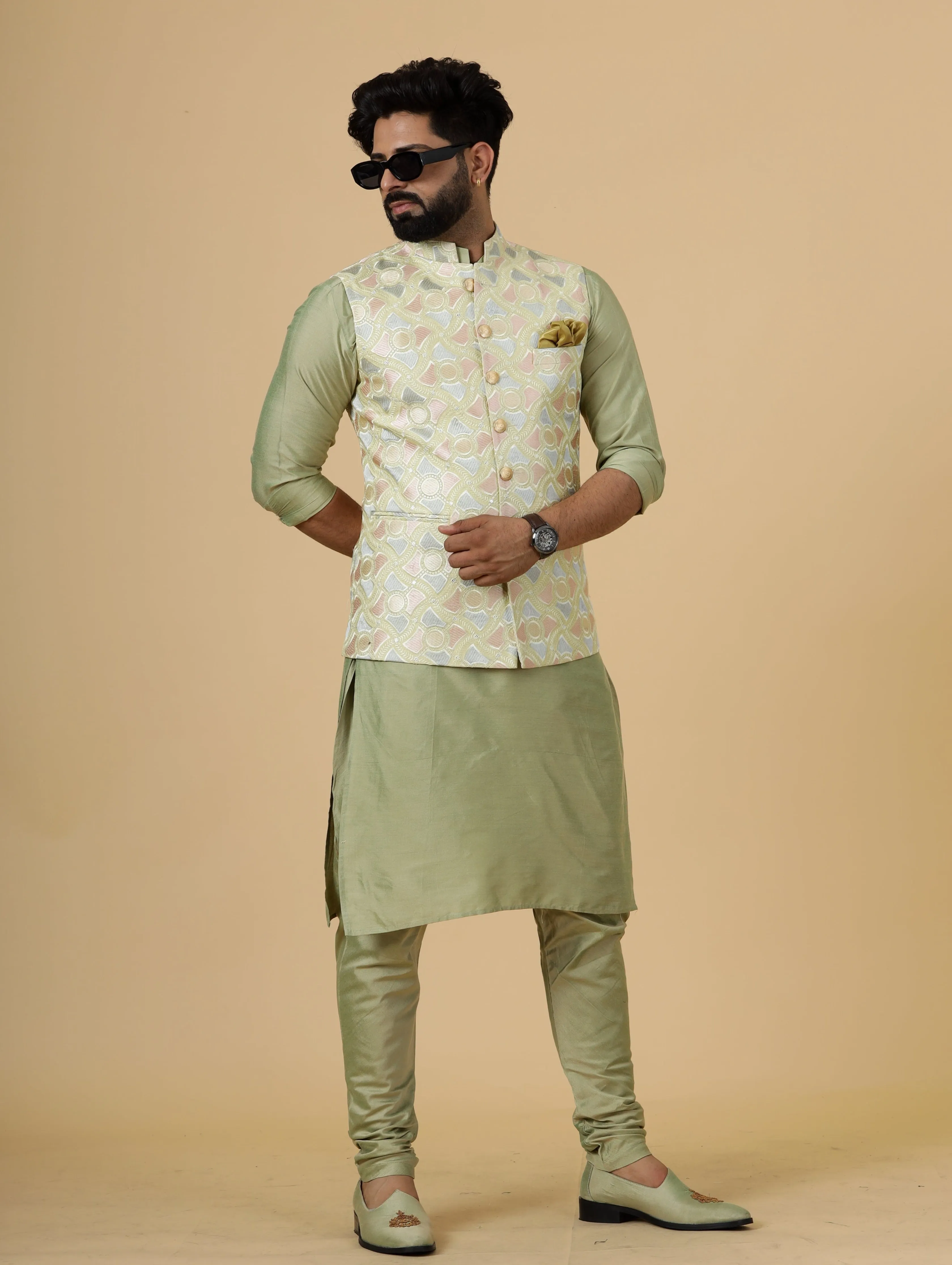 Alluring Lemon-Yellow Thread Embroidered Silk Half Jodhpuri Jacket with Lime Green Kurta-Pajama for Men