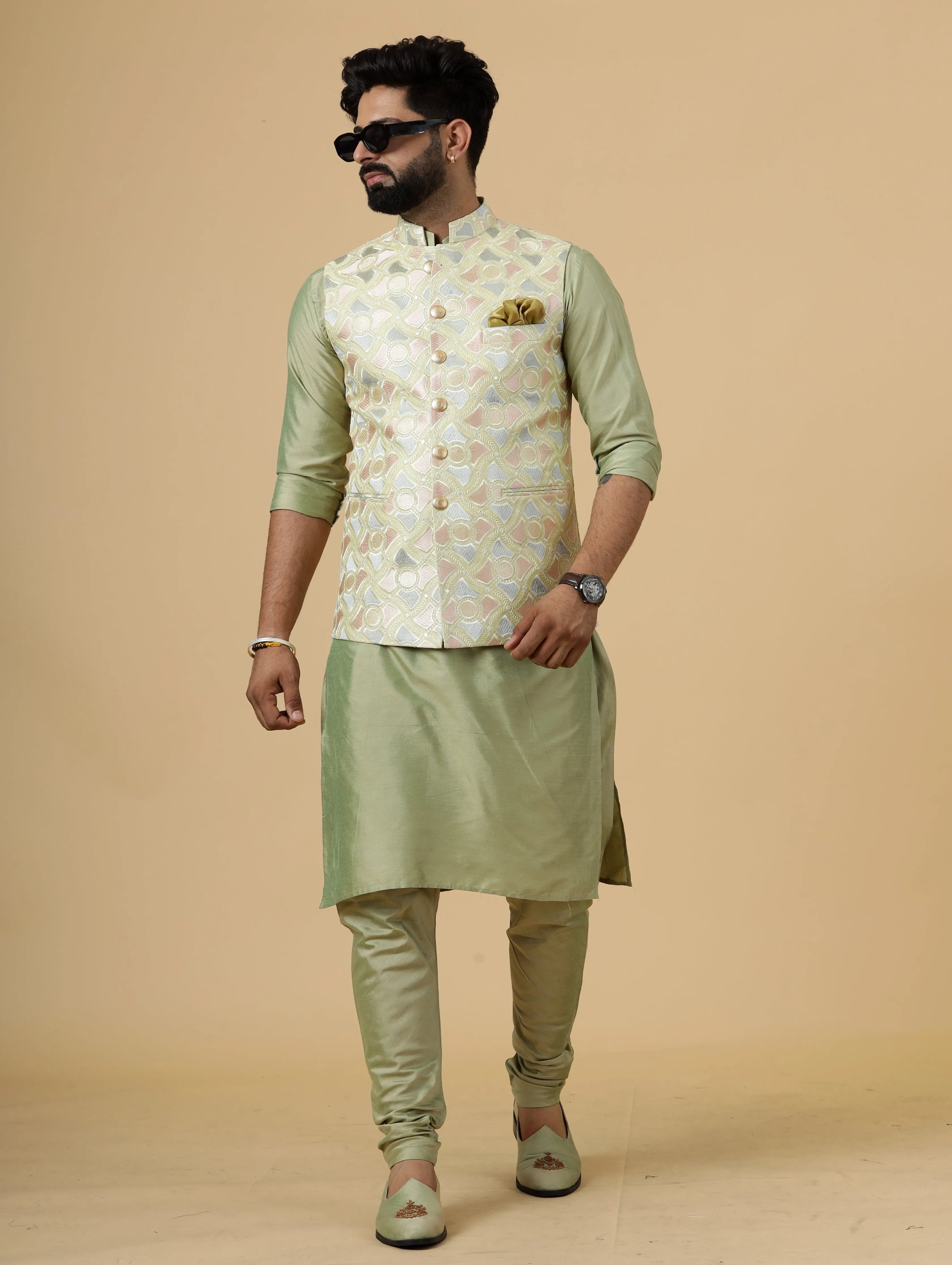 Alluring Lemon-Yellow Thread Embroidered Silk Half Jodhpuri Jacket with Lime Green Kurta-Pajama for Men