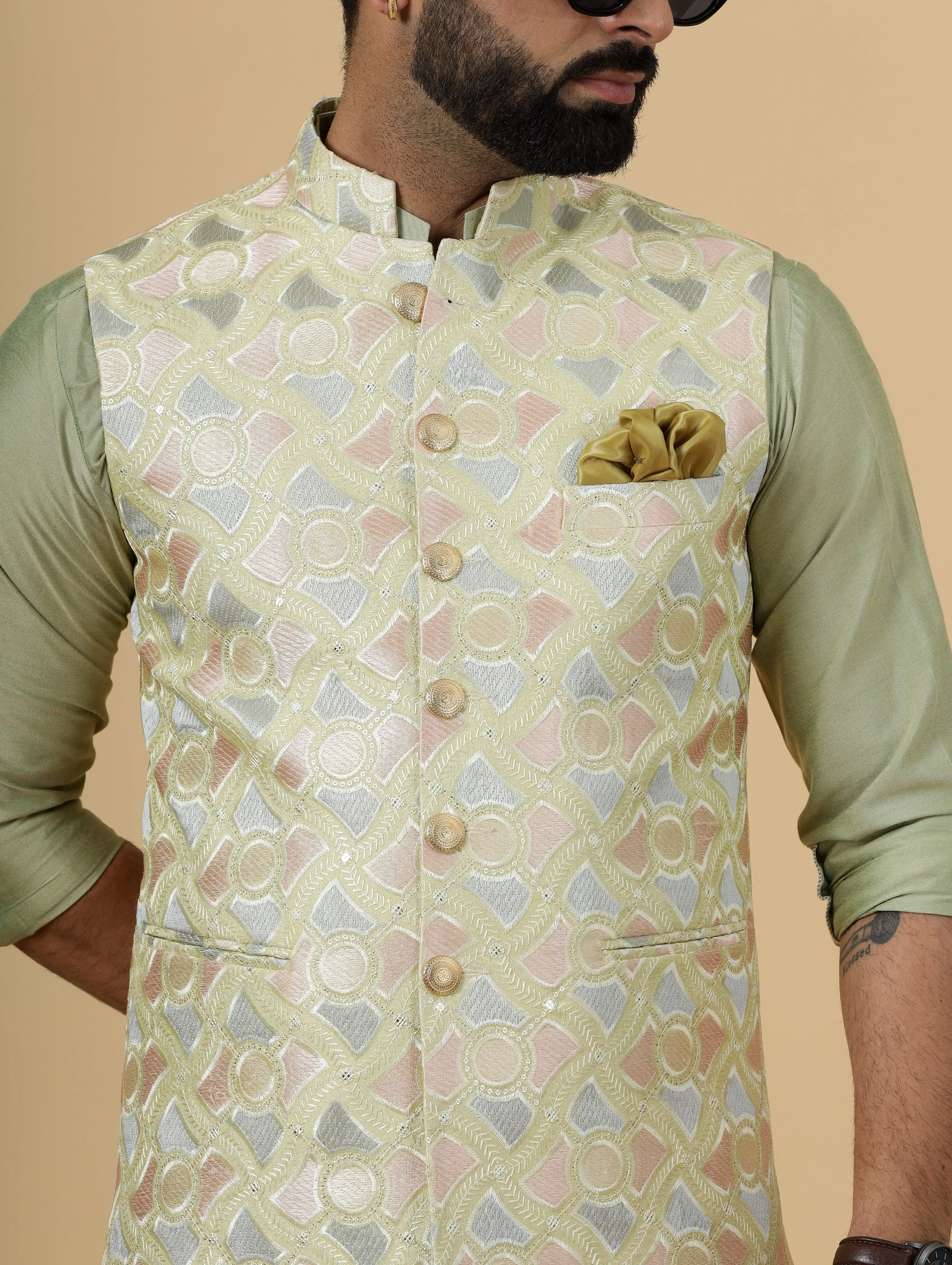 Alluring Lemon-Yellow Thread Embroidered Silk Half Jodhpuri Jacket with Lime Green Kurta-Pajama for Men