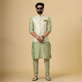 Alluring Lemon-Yellow Thread Embroidered Silk Half Jodhpuri Jacket with Lime Green Kurta-Pajama for Men