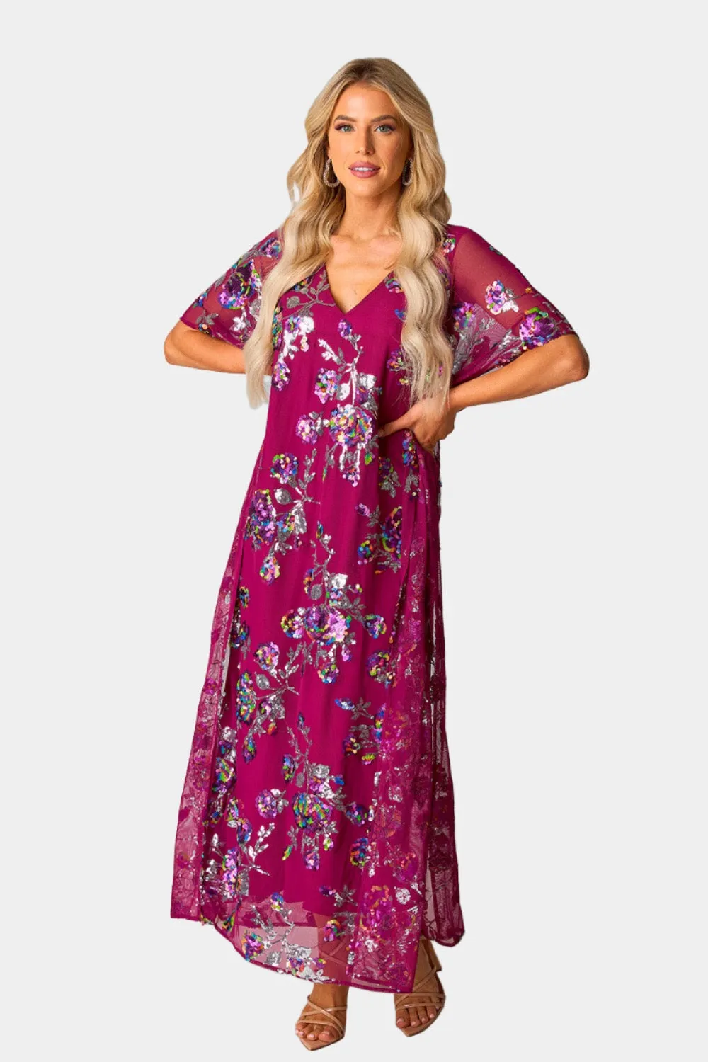 Atlas Sequin Caftan Maxi Dress - Red Sangria