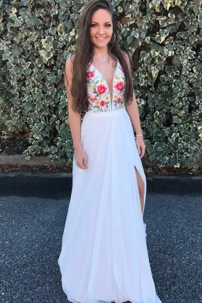 Beauty Flowy White Embroidery V-Neck Prom Dresses Party Dresses