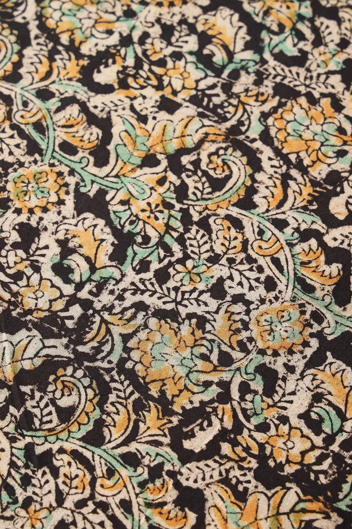 Black And Light Beige Paisley Pattern Handblock Kalamkari Organic Cotton Fabric