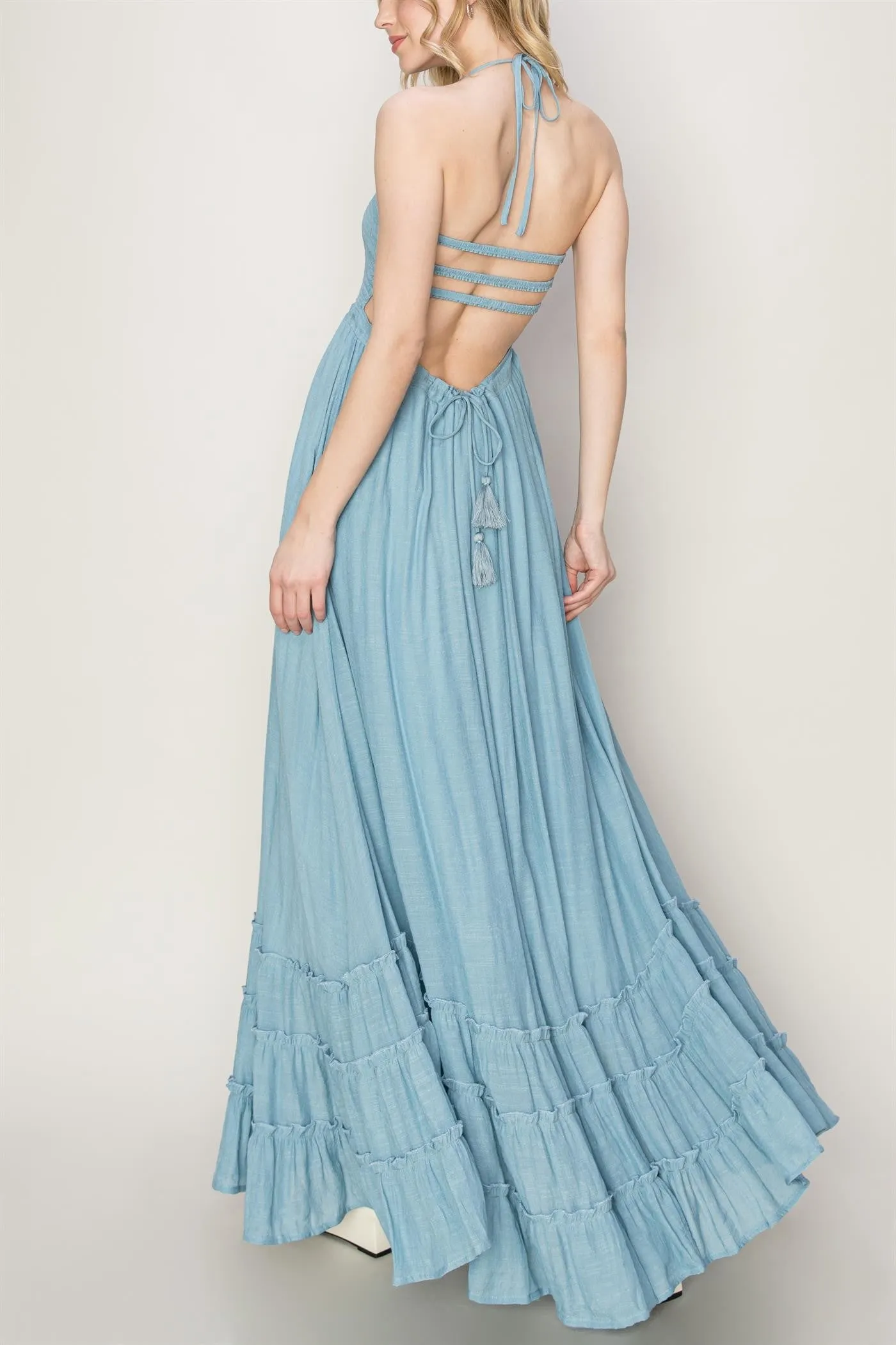 Blue Backless Halter Maxi Dress