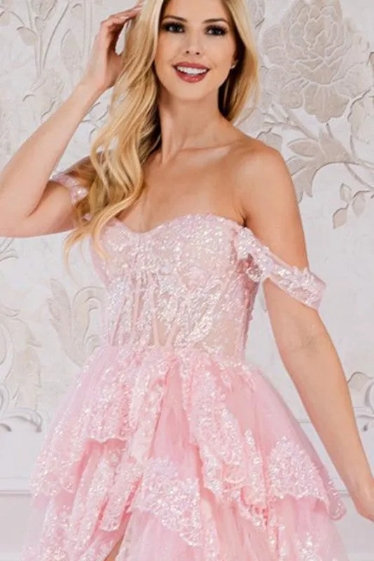 Blush Off-Shoulder Embellished Mesh Corset Top Dress