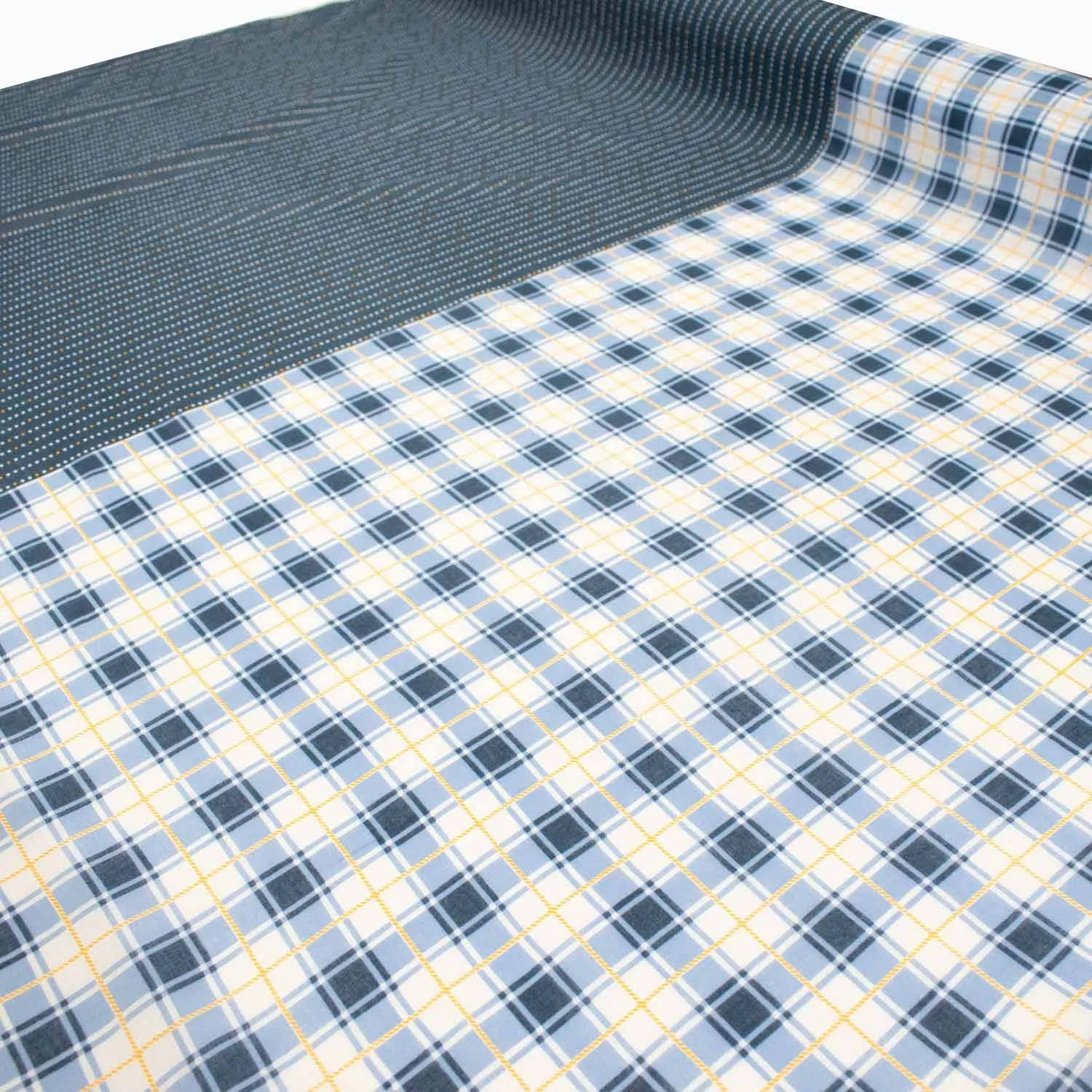 Border Printed Cotton Voile Design-11 White & Yellow Dots Stripes on Navy/Blue & White Checks