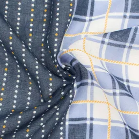 Border Printed Cotton Voile Design-11 White & Yellow Dots Stripes on Navy/Blue & White Checks