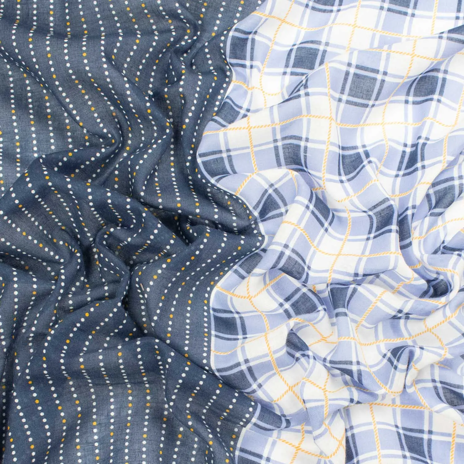 Border Printed Cotton Voile Design-11 White & Yellow Dots Stripes on Navy/Blue & White Checks