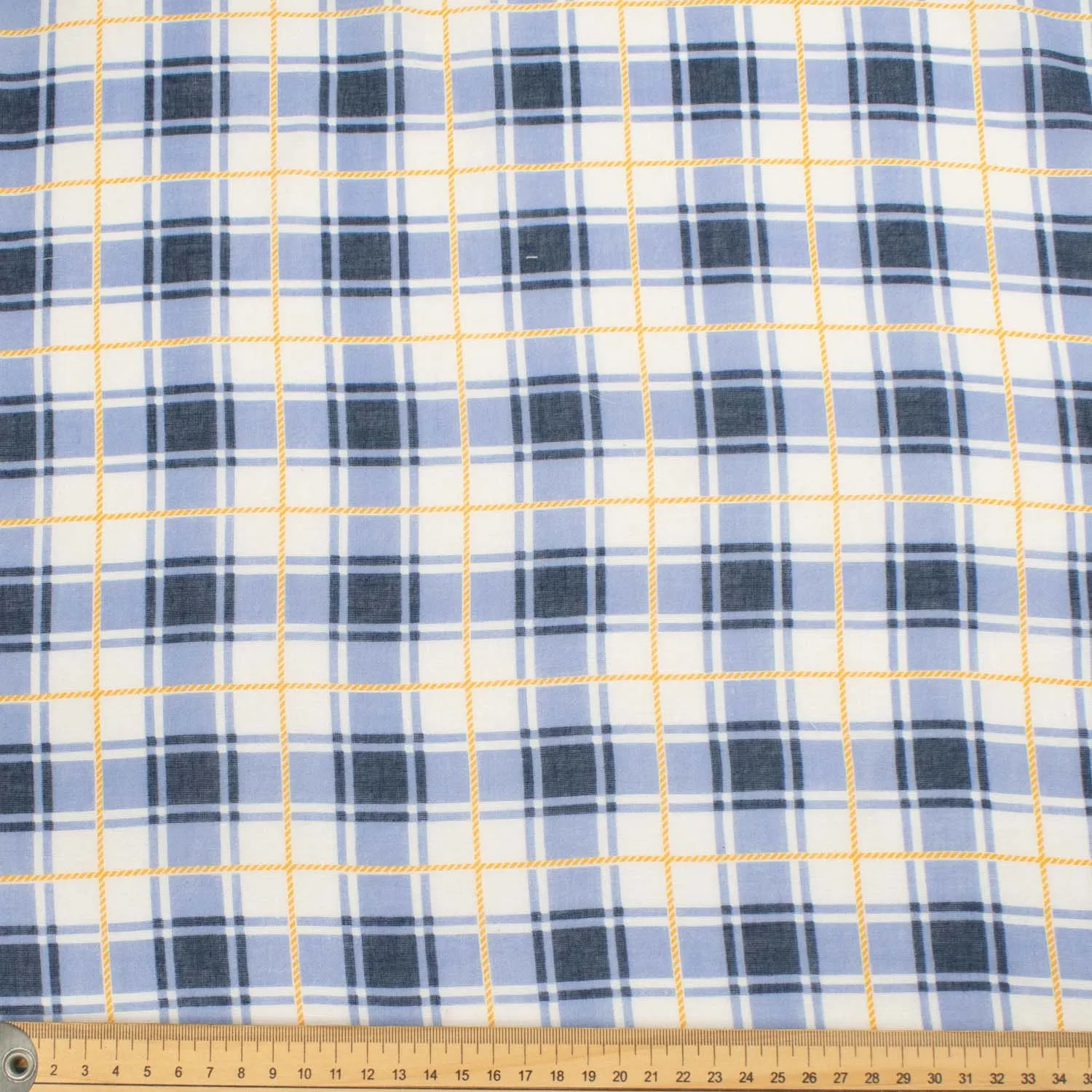 Border Printed Cotton Voile Design-11 White & Yellow Dots Stripes on Navy/Blue & White Checks