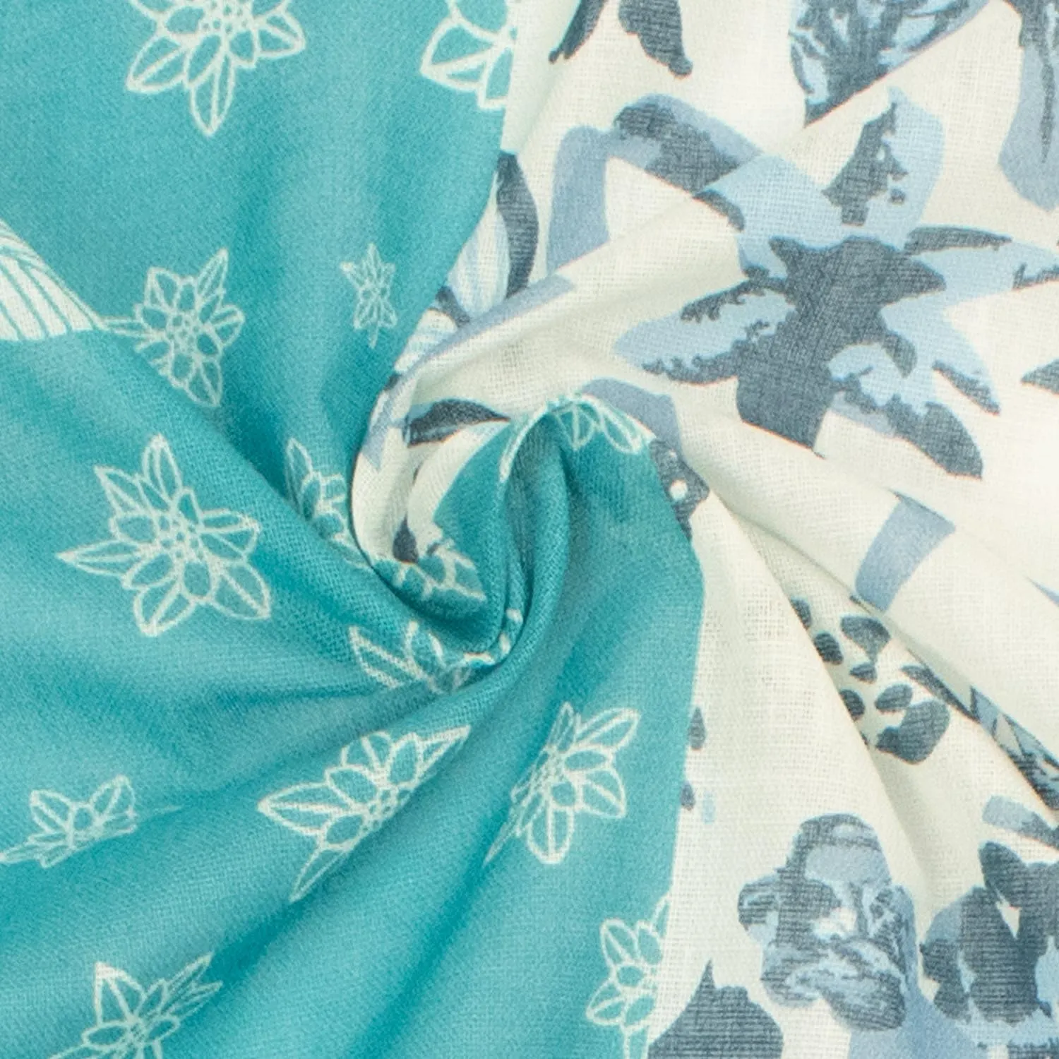 Border Printed Cotton Voile Design-16 Big White Flowers on Blue/Grey Blue Florals on White