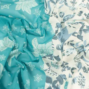 Border Printed Cotton Voile Design-16 Big White Flowers on Blue/Grey Blue Florals on White