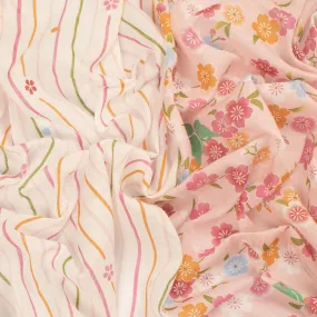 Border Printed Cotton Voile Design-20 Multi Colour Sakura on Cream/Stripes on White