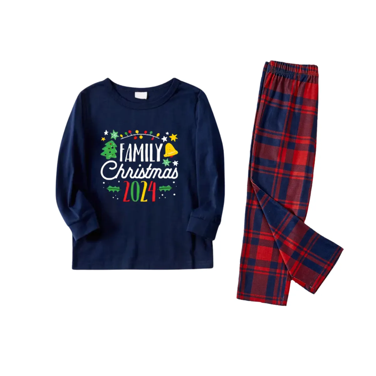 Christmas Pattern and "Family Christmas 2024" Printed Red and Blue Plaid Christmas Matching Pajamas