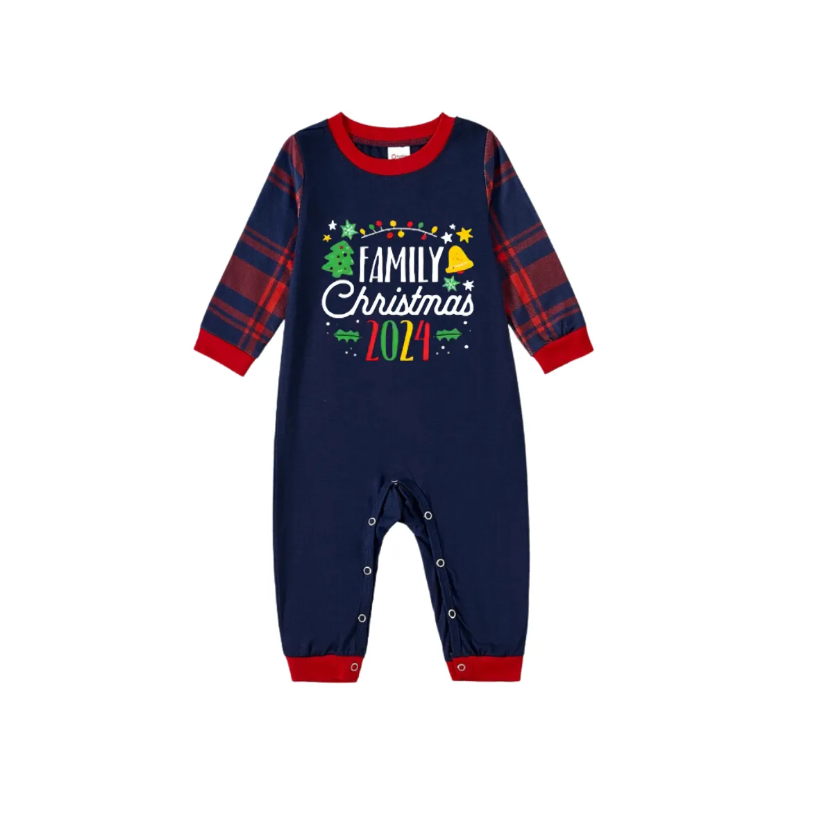 Christmas Pattern and "Family Christmas 2024" Printed Red and Blue Plaid Christmas Matching Pajamas