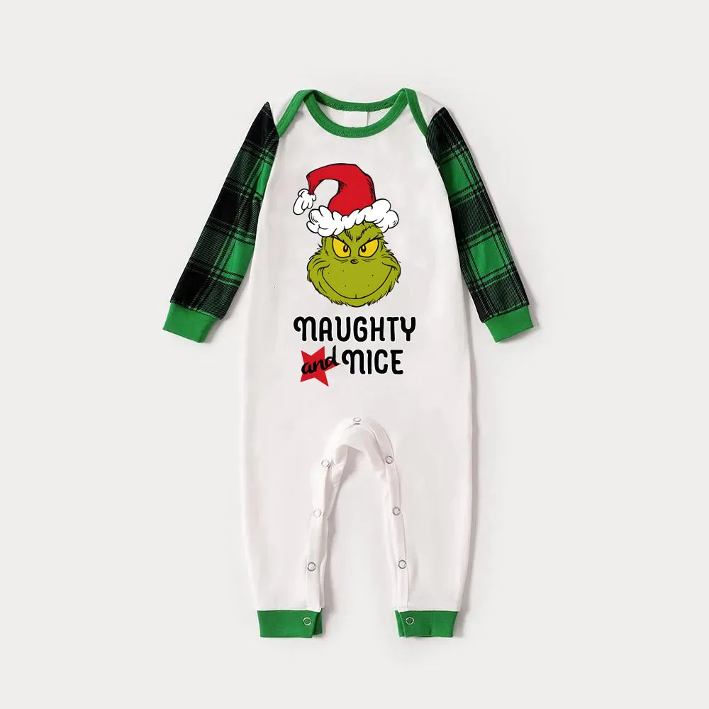 Christmas "Naughty&Nice" Letter Print Patterned Casual Long Sleeve Sweatshirts Green Contrast Tops and Black and Green Plaid Pants  Family Matching Raglan Long-sleeve Pajamas Sets With Pet Bandana