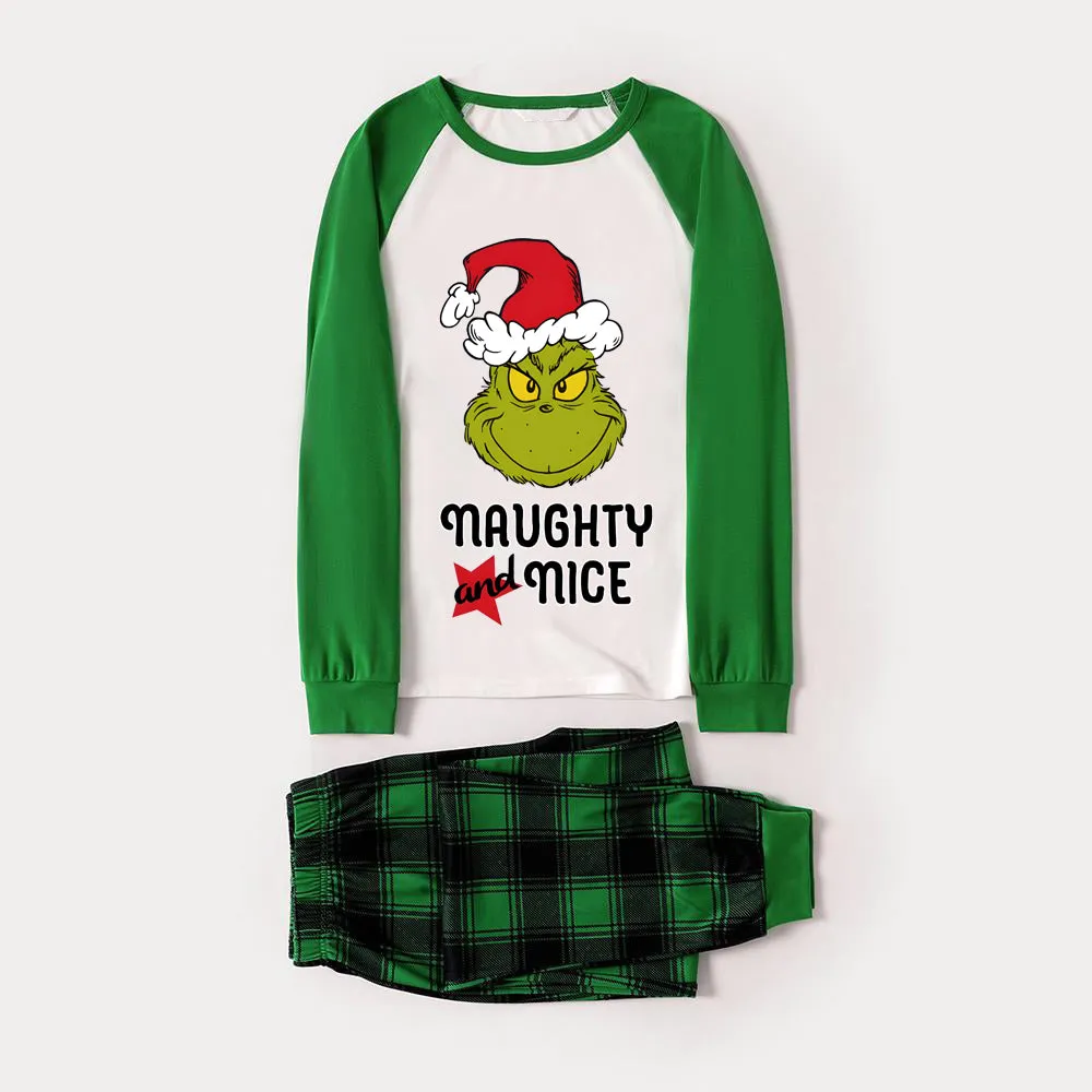 Christmas "Naughty&Nice" Letter Print Patterned Casual Long Sleeve Sweatshirts Green Contrast Tops and Black and Green Plaid Pants  Family Matching Raglan Long-sleeve Pajamas Sets With Pet Bandana