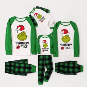 Christmas "Naughty&Nice" Letter Print Patterned Casual Long Sleeve Sweatshirts Green Contrast Tops and Black and Green Plaid Pants  Family Matching Raglan Long-sleeve Pajamas Sets With Pet Bandana