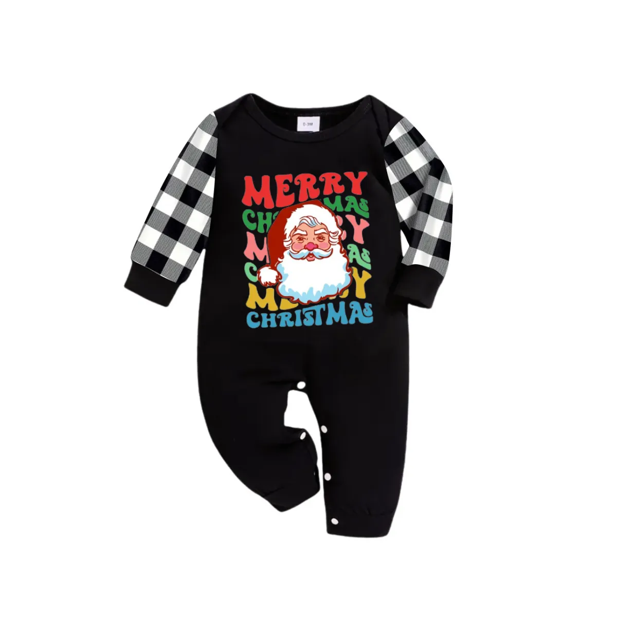 Colorful "Merry Christmas" and Santa Claus Print Black Long Sleeve Top with Black And White Plaid Pants Family Matching Pajamas