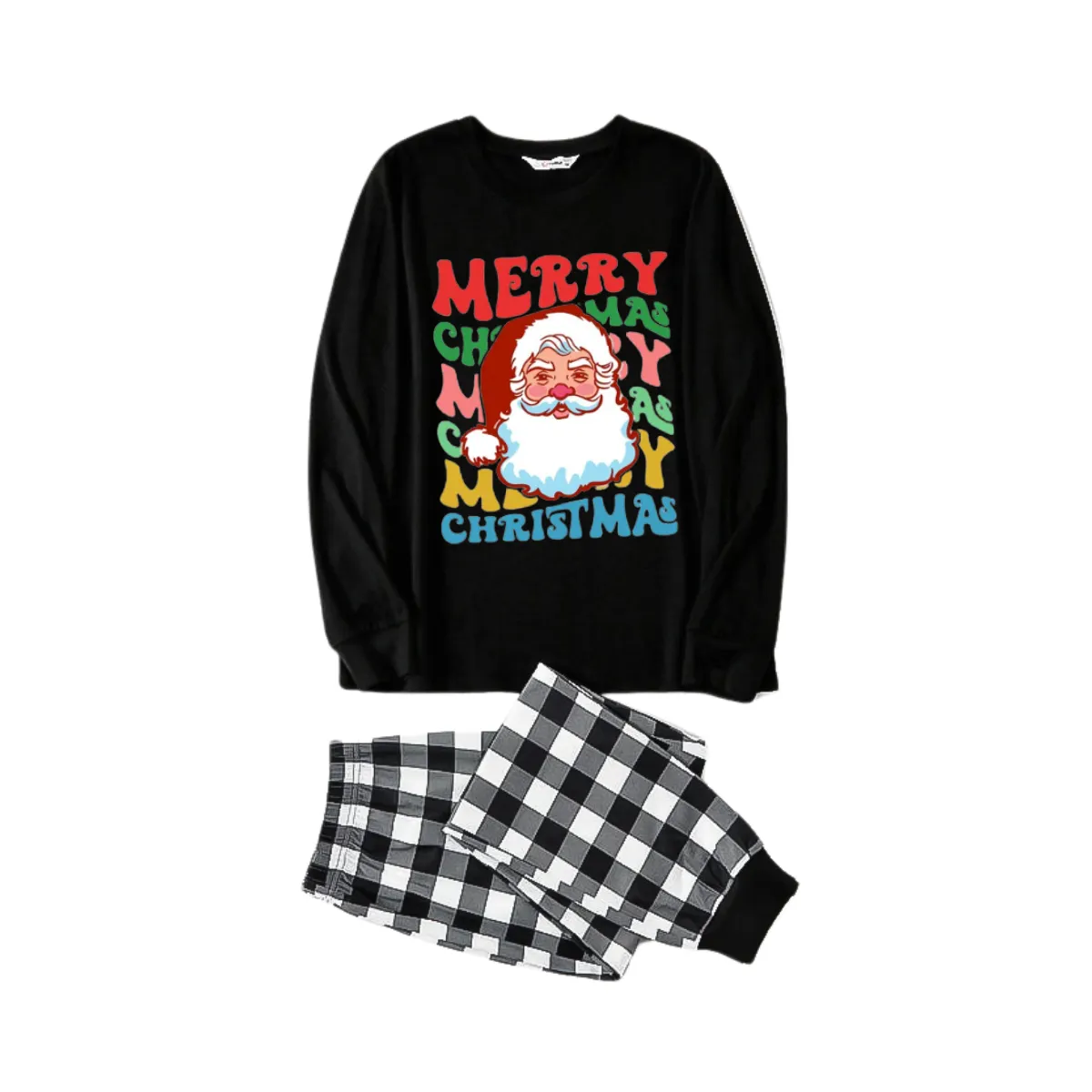 Colorful "Merry Christmas" and Santa Claus Print Black Long Sleeve Top with Black And White Plaid Pants Family Matching Pajamas