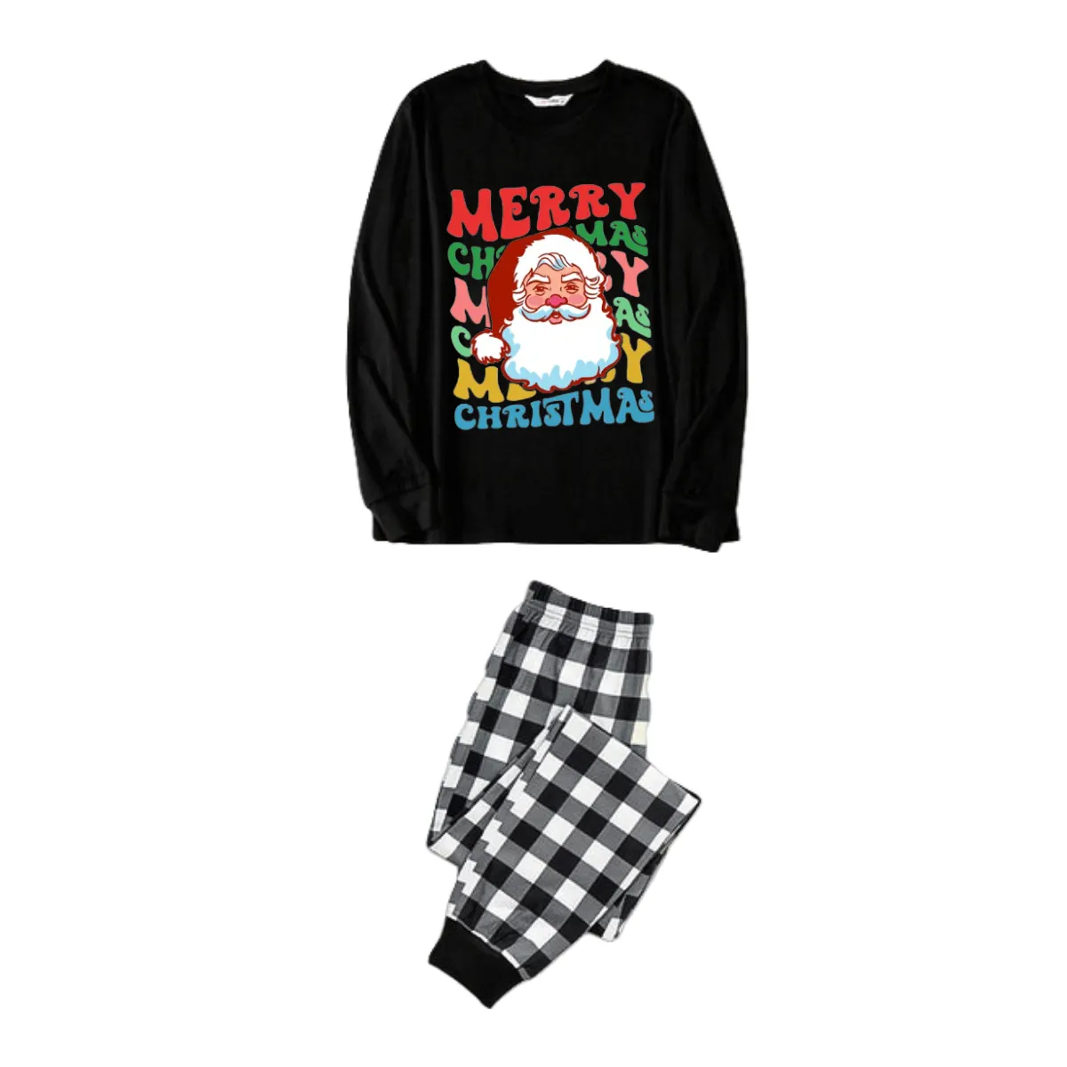 Colorful "Merry Christmas" and Santa Claus Print Black Long Sleeve Top with Black And White Plaid Pants Family Matching Pajamas