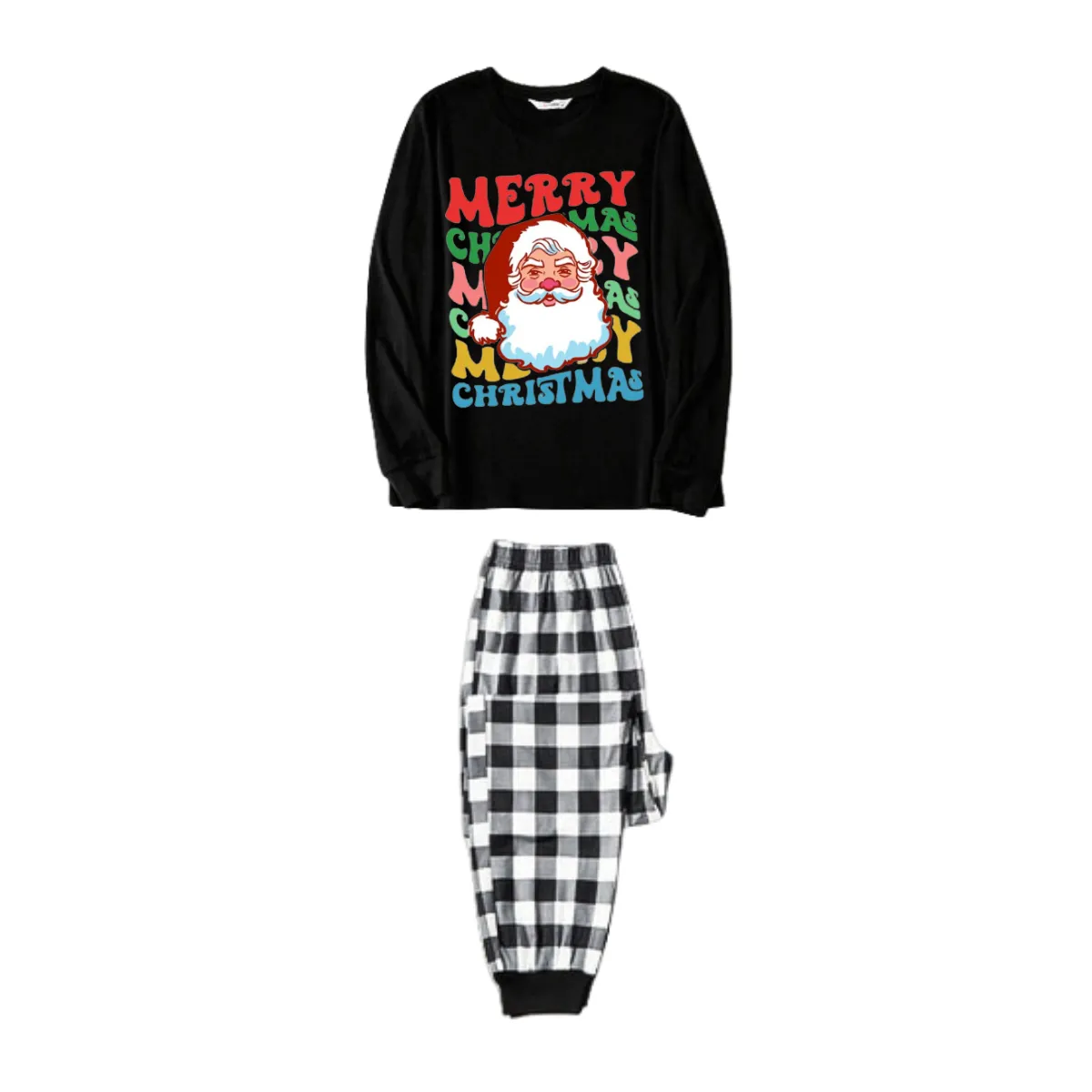 Colorful "Merry Christmas" and Santa Claus Print Black Long Sleeve Top with Black And White Plaid Pants Family Matching Pajamas