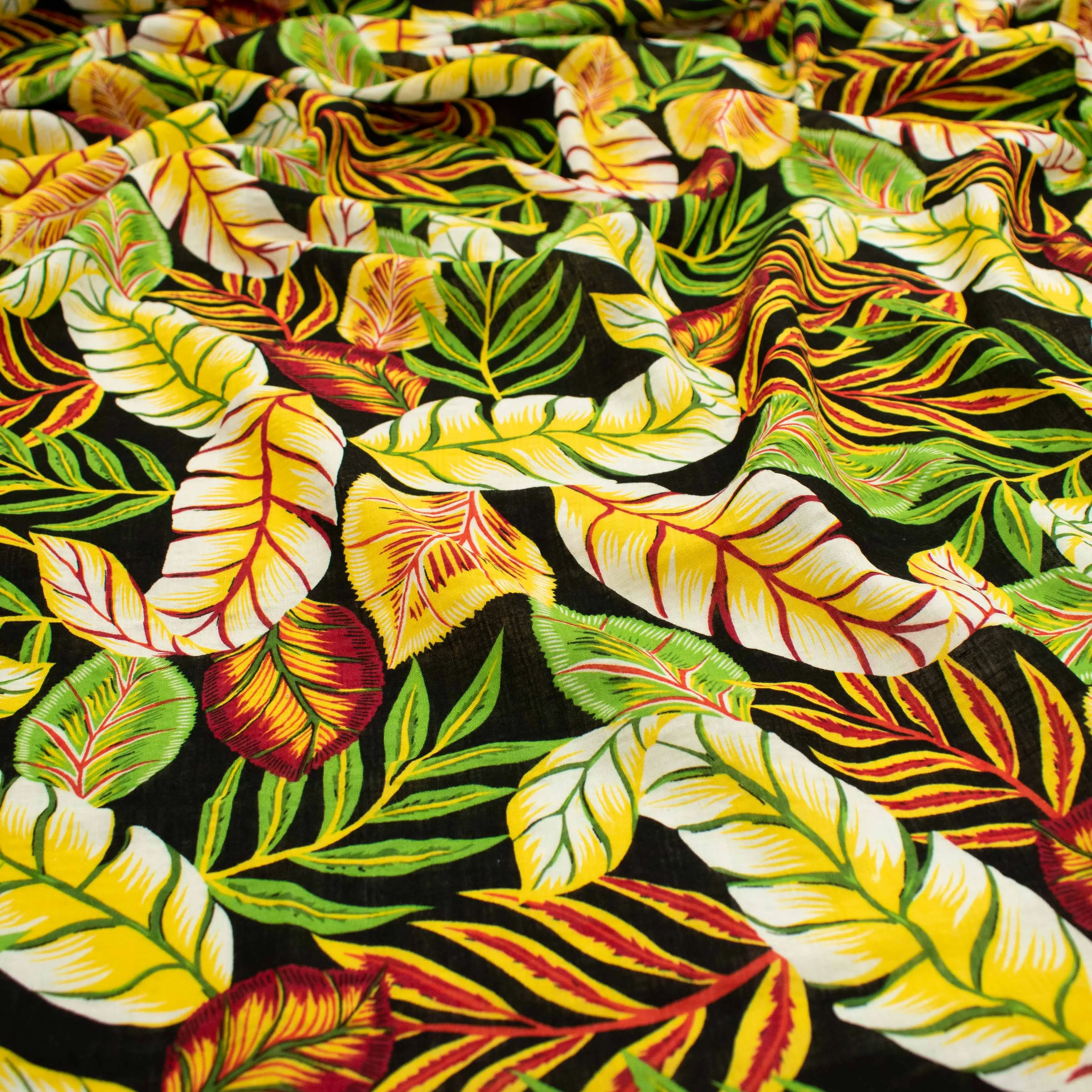 Crinkle Cotton Prints Design-19 Yellow Leaves on Black