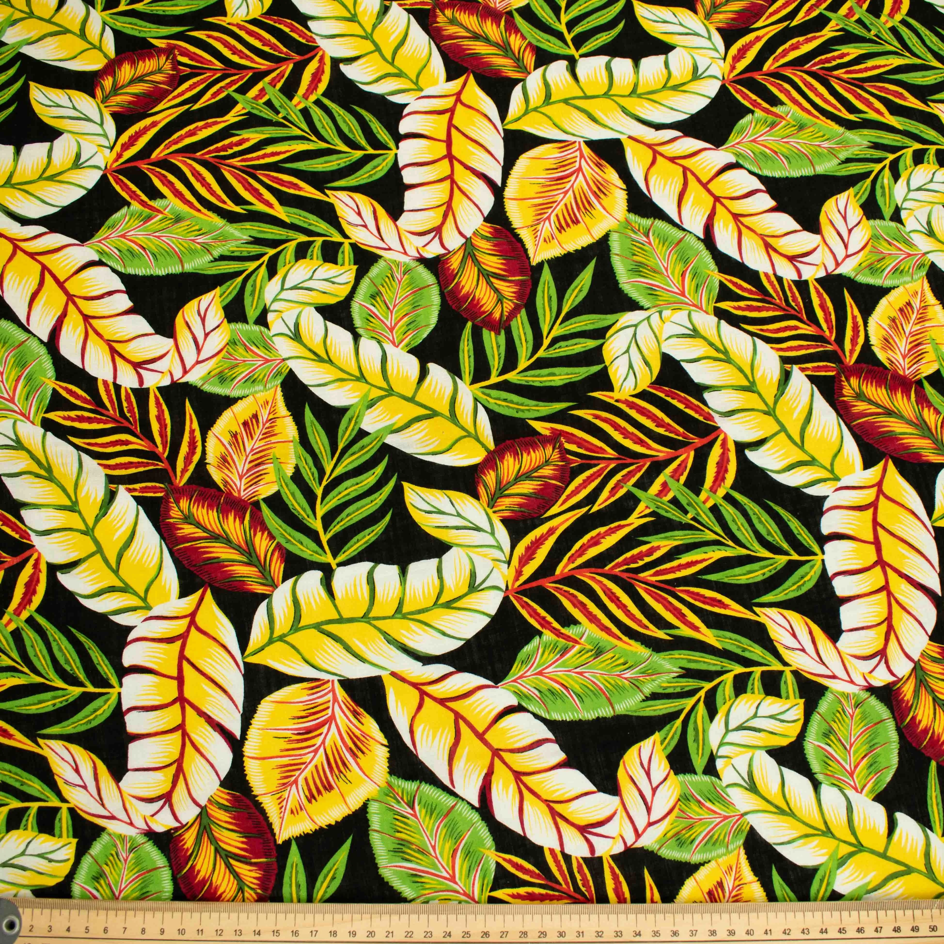 Crinkle Cotton Prints Design-19 Yellow Leaves on Black