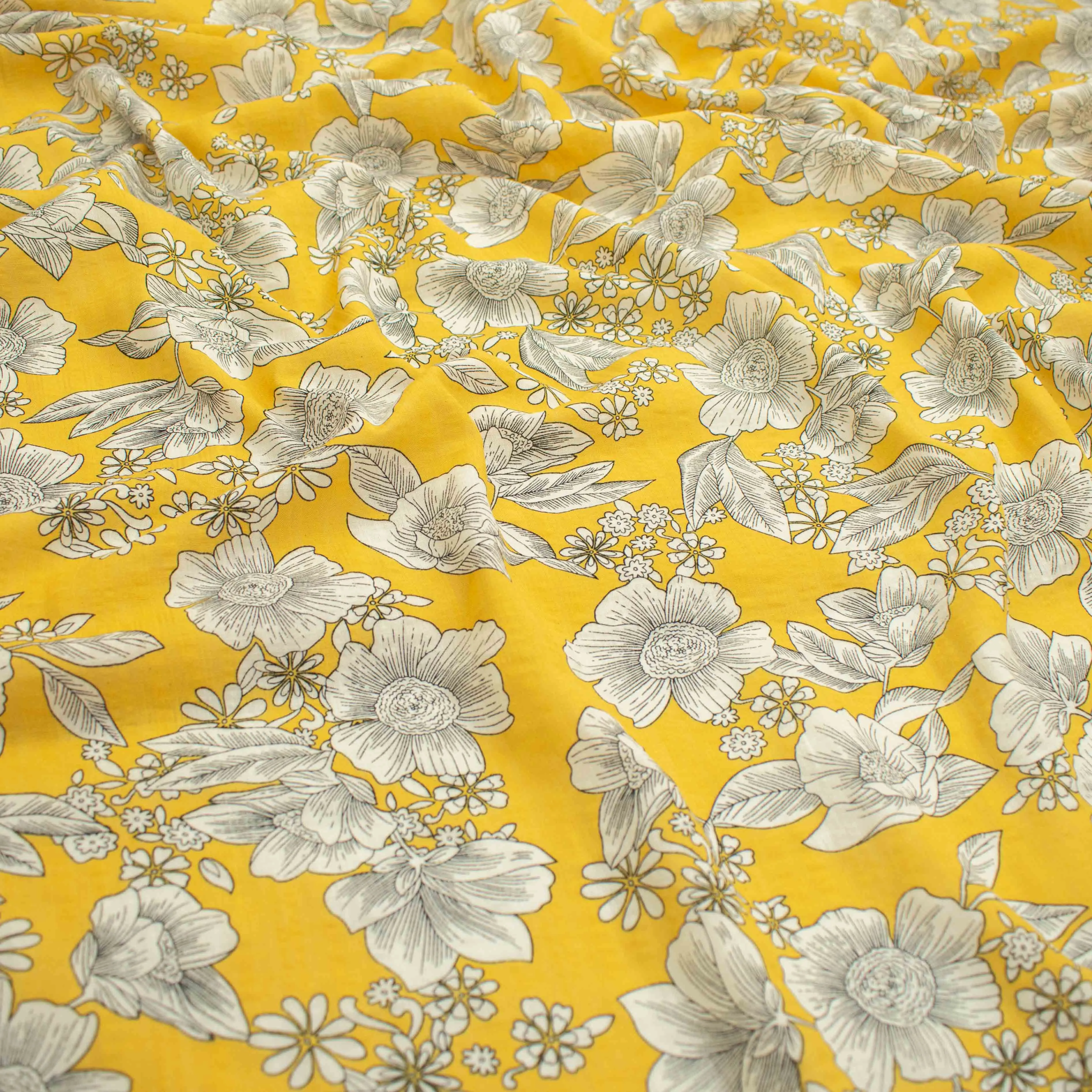 Crinkle Cotton Prints Design-25 White Flowers on Yellow