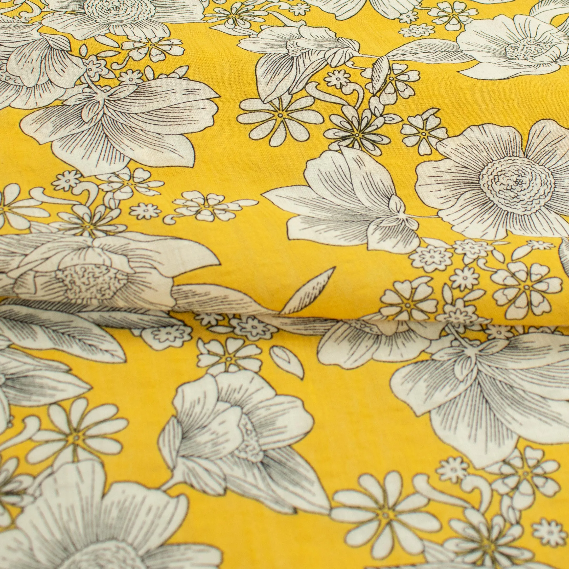 Crinkle Cotton Prints Design-25 White Flowers on Yellow