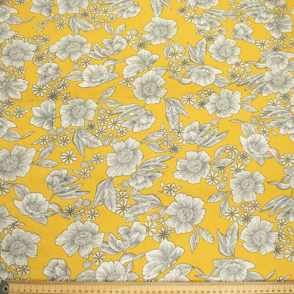 Crinkle Cotton Prints Design-25 White Flowers on Yellow