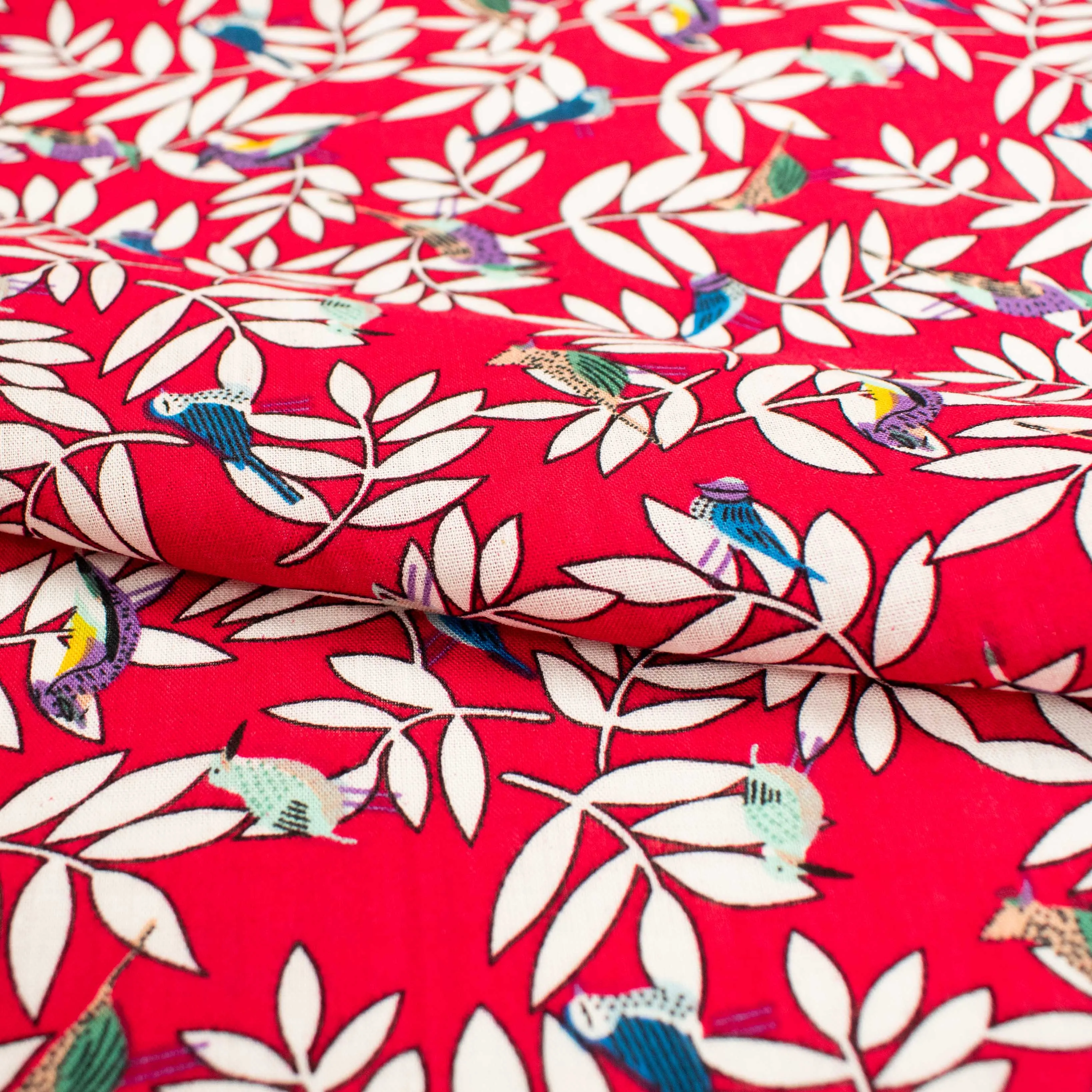 Crinkle Cotton Prints Design-3 White Leaves & Birds on Red