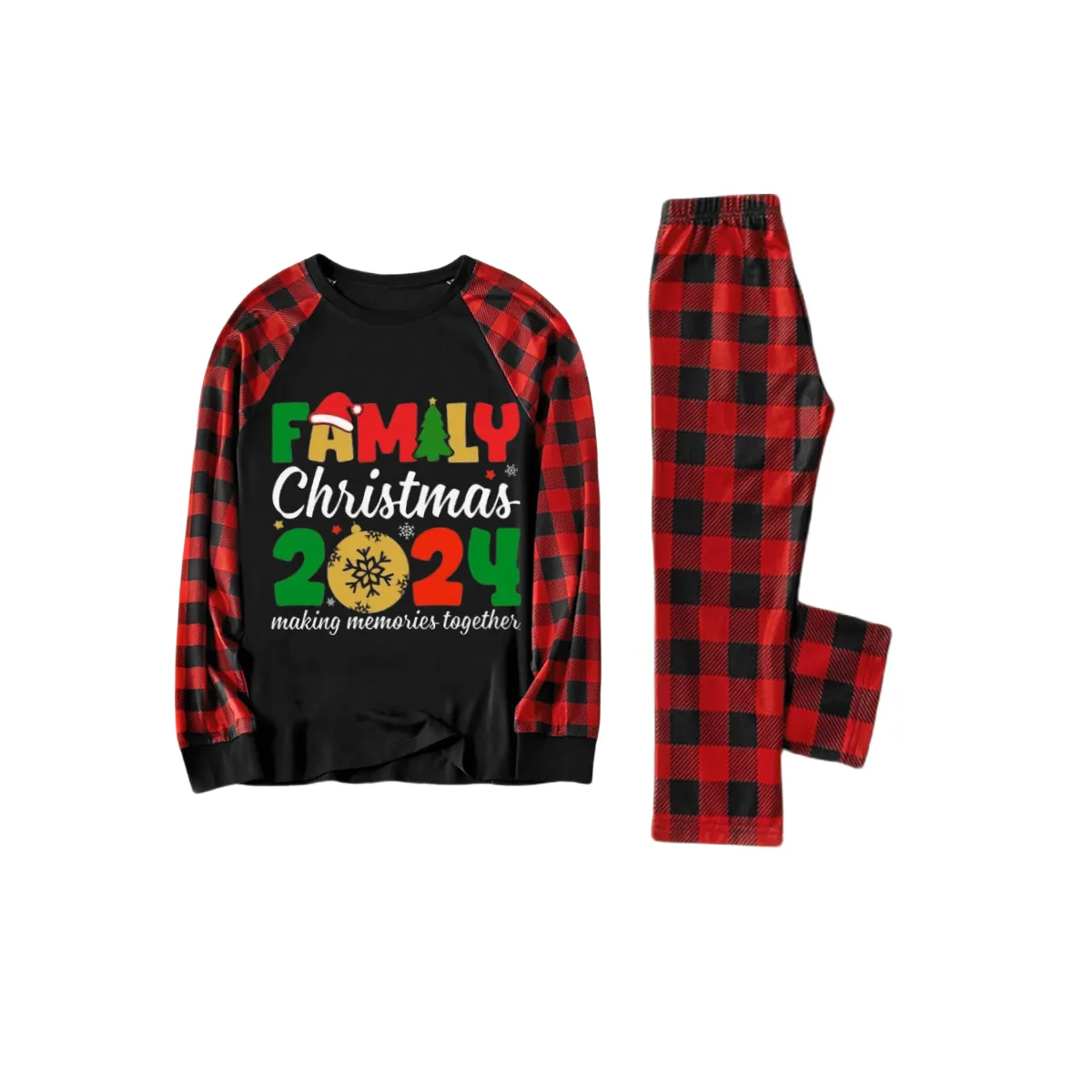 Cute "Family Christmas 2024" Text Print Black & Red Plaid Family Matching Pajamas