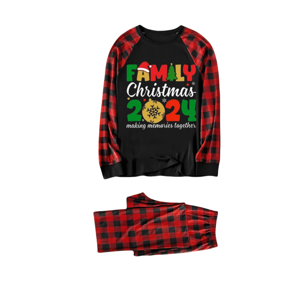 Cute "Family Christmas 2024" Text Print Black & Red Plaid Family Matching Pajamas