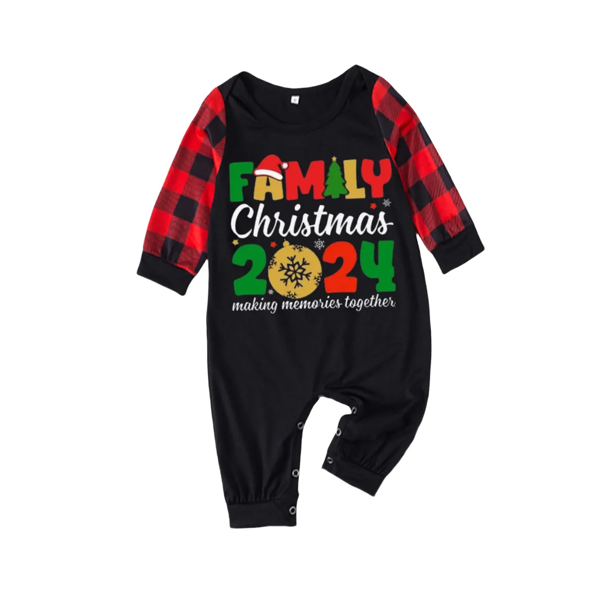 Cute "Family Christmas 2024" Text Print Black & Red Plaid Family Matching Pajamas