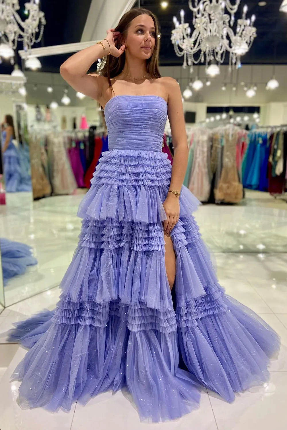 Daniela |A-Line Strapless Tulle Long Prom Dress with Tiered Ruffles