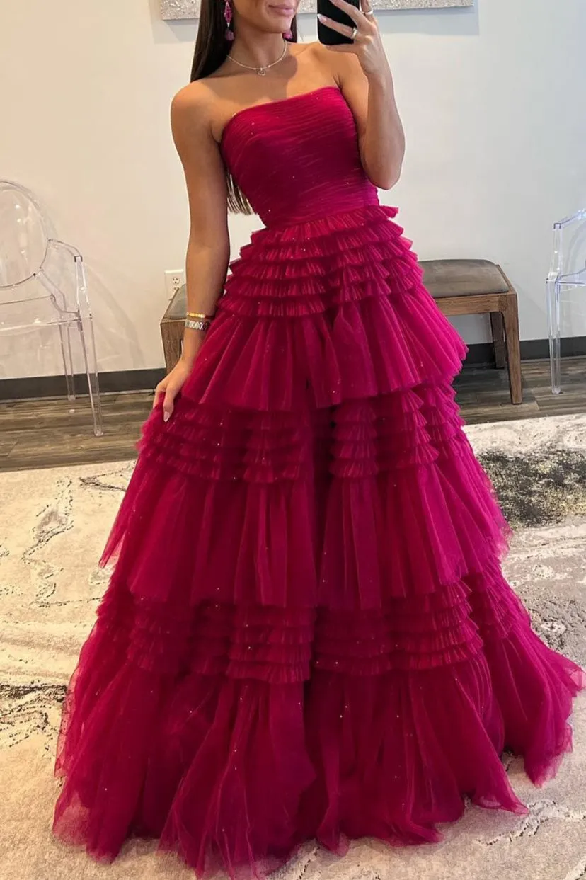 Daniela |A-Line Strapless Tulle Long Prom Dress with Tiered Ruffles